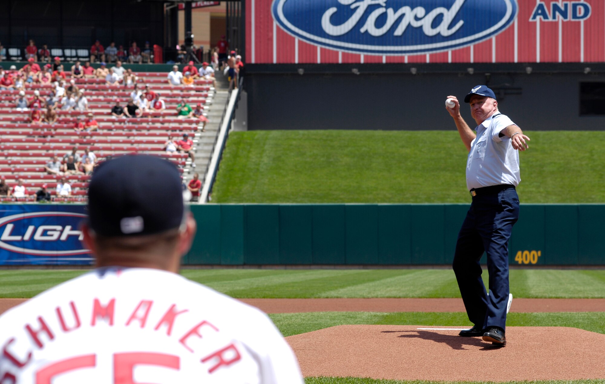 Maj. Gen. Thomas F. Deppe throws the first pitch July 8 at the Cardinals-Giants baseball game in Busch Stadium in St. Louis. The perfect toss to left fielder Skip Schumaker was part of the Air Force Week St. Louis festivities.  General Deppe is the 20th Air Force commander at F.E. Warren Air Force Base, Wyo.  (U.S. Air Force photo/Staff Sgt. Brian Ferguson)