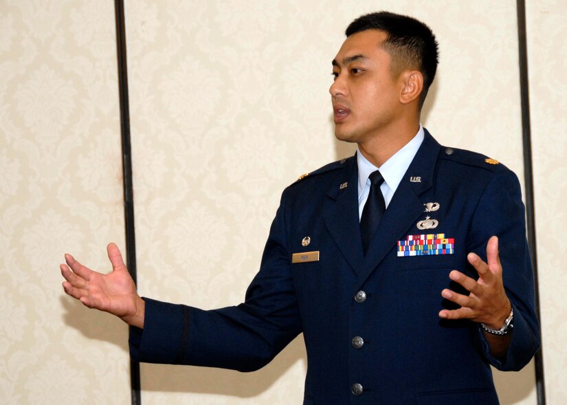 Maj. Seung Paik, 437th Comptroller Squadron  commander, speaks during his change of command ceremony held at the Charleston Club June 28. (U.S. Air Force photo/Senior Airman Sam Hymas) 
