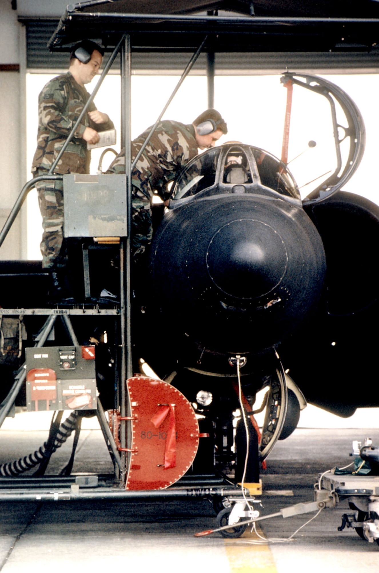 Technicians at Beale AFB, Calif., home of the USAF U-2 program, ready a U-2 and its pilot for flight in 1999. Recent updates to the aircraft’s engine and avionics keep the U-2 an important part of the USAF’s reconnaissance mission. (U.S. Air Force photo)