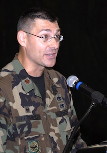 Maj. James Petrick, 437th Logistics Readiness Squadron commander, speaks during his change of command ceremony Jun 28 at the Charleston Club. (U.S. Air Force photo/Senior Airman Sam Hymas)
