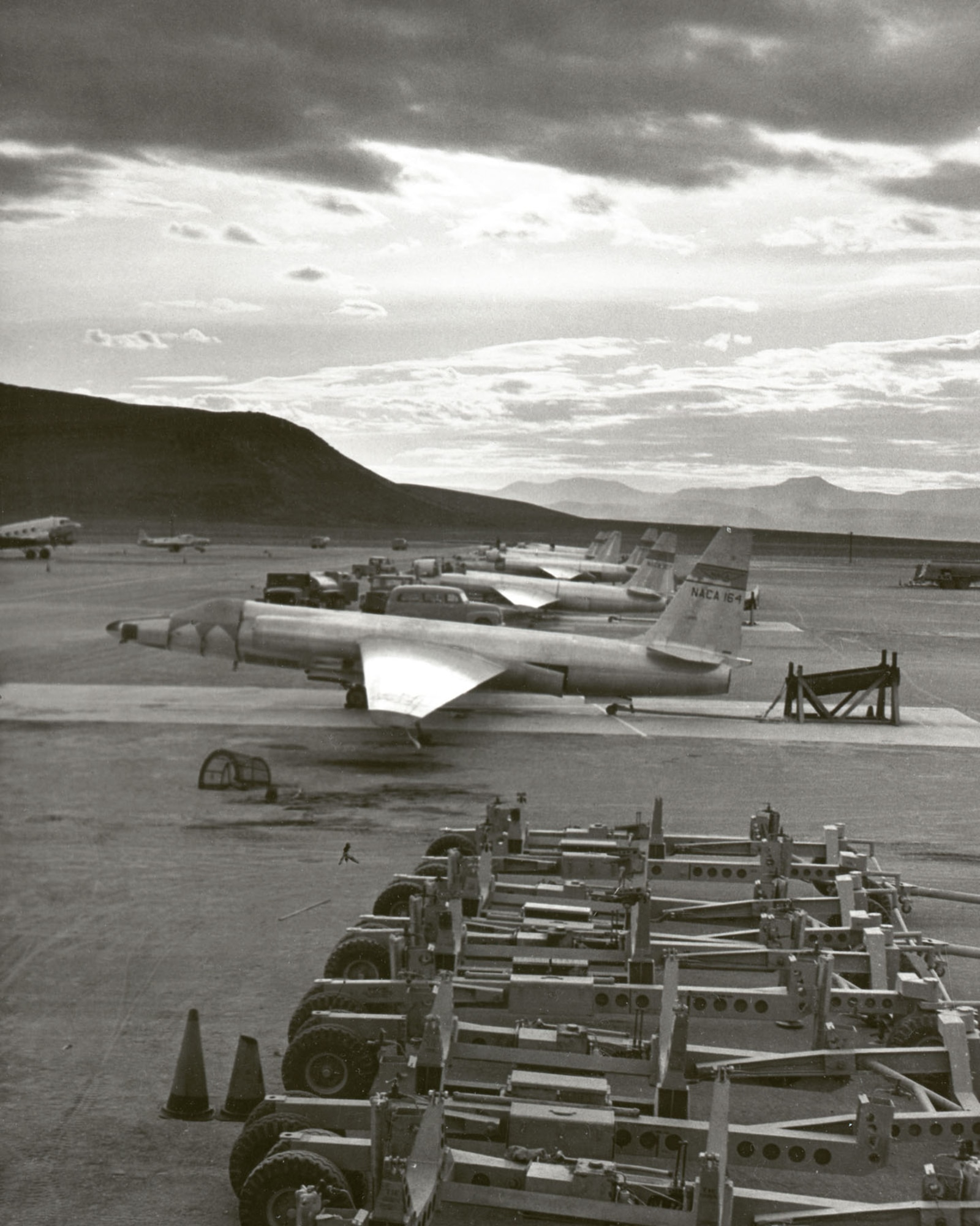 Initial U-2 testing was done at a remote dry lake in Nevada nicknamed “The Ranch.” Disassembled aircraft were airlifted in pieces from Lockheed’s Burbank, Calif., plant to the Ranch and assembled there. Note that these CIA aircraft carry fictional National Advisory Council for Aeronautics (NACA) insignia and numbers. (U.S. Air Force photo)