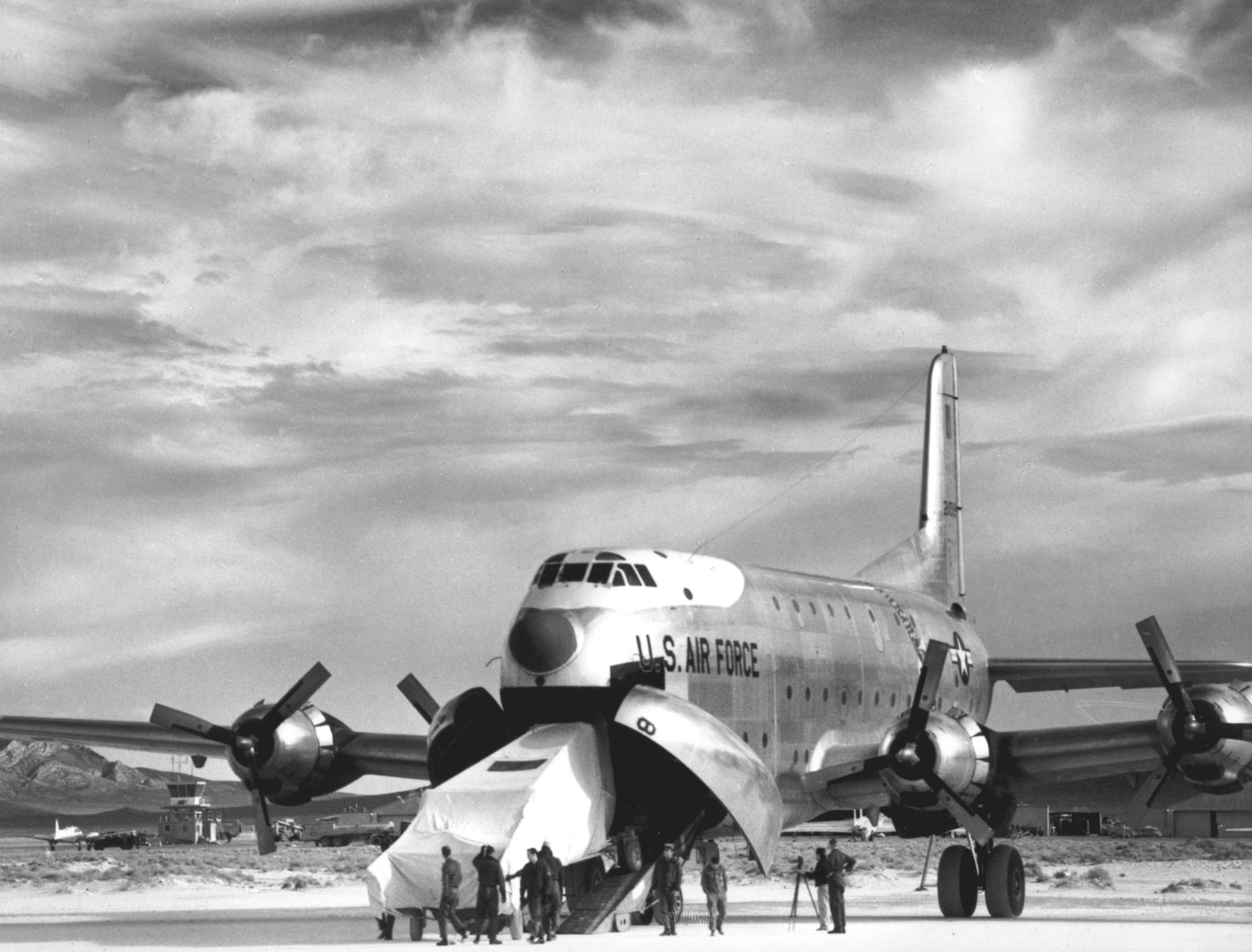 Initial U-2 testing was done at a remote dry lake in Nevada nicknamed “The Ranch.” Disassembled aircraft were airlifted in pieces from Lockheed’s Burbank, Calif., plant to the Ranch and assembled there. Note that these CIA aircraft carry fictional National Advisory Council for Aeronautics (NACA) insignia and numbers. (U.S. Air Force photo)