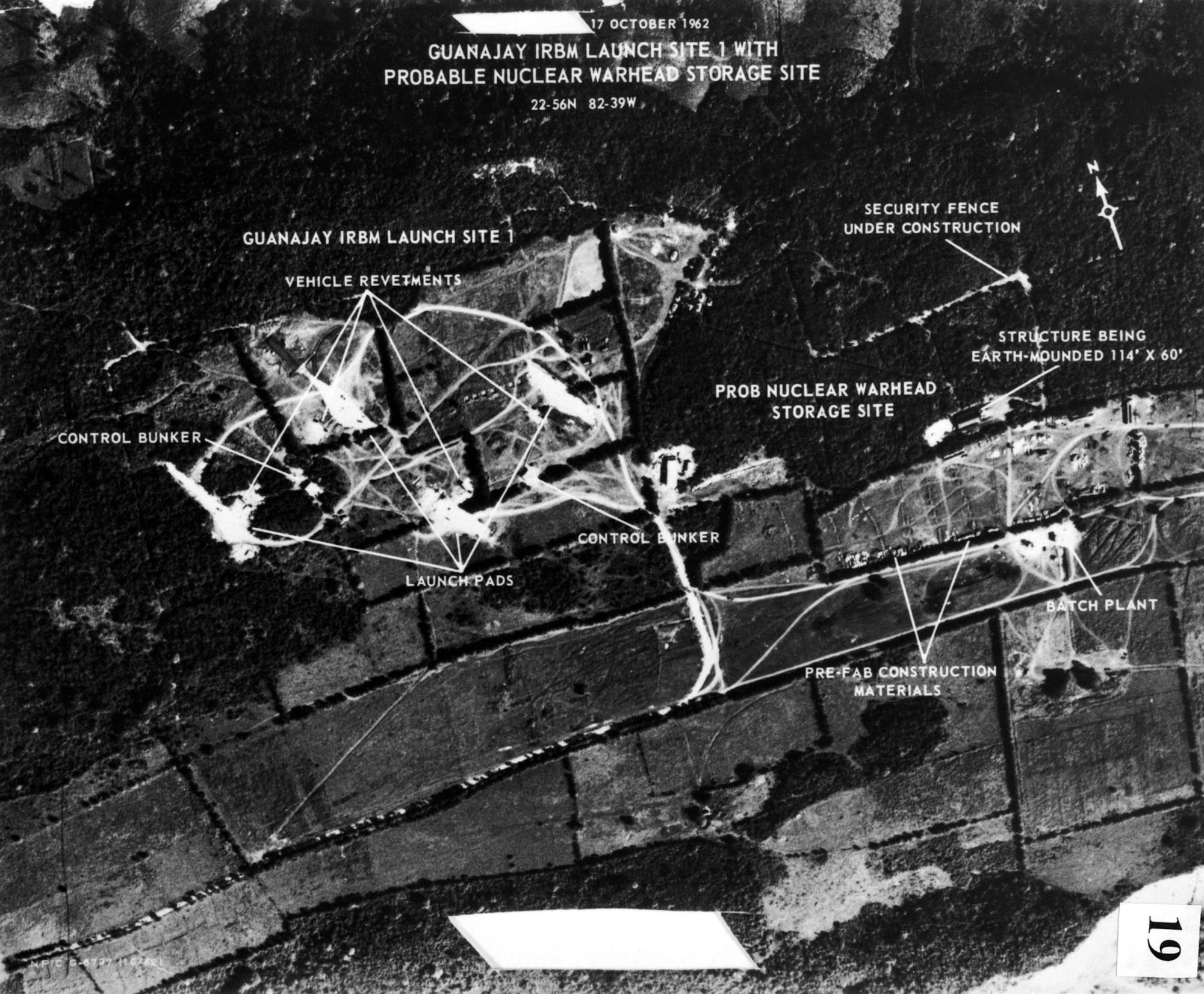 Missile installations at Guanajay, Cuba. This was the first image of an Intermediate Range Ballistic Missile (IRBM) site under construction in Cuba. Guanajay, in western Cuba near Havana, is about 270 miles from Miami, Fl, and only 130 miles from Key West, Fl. (U.S. Air Force photo)