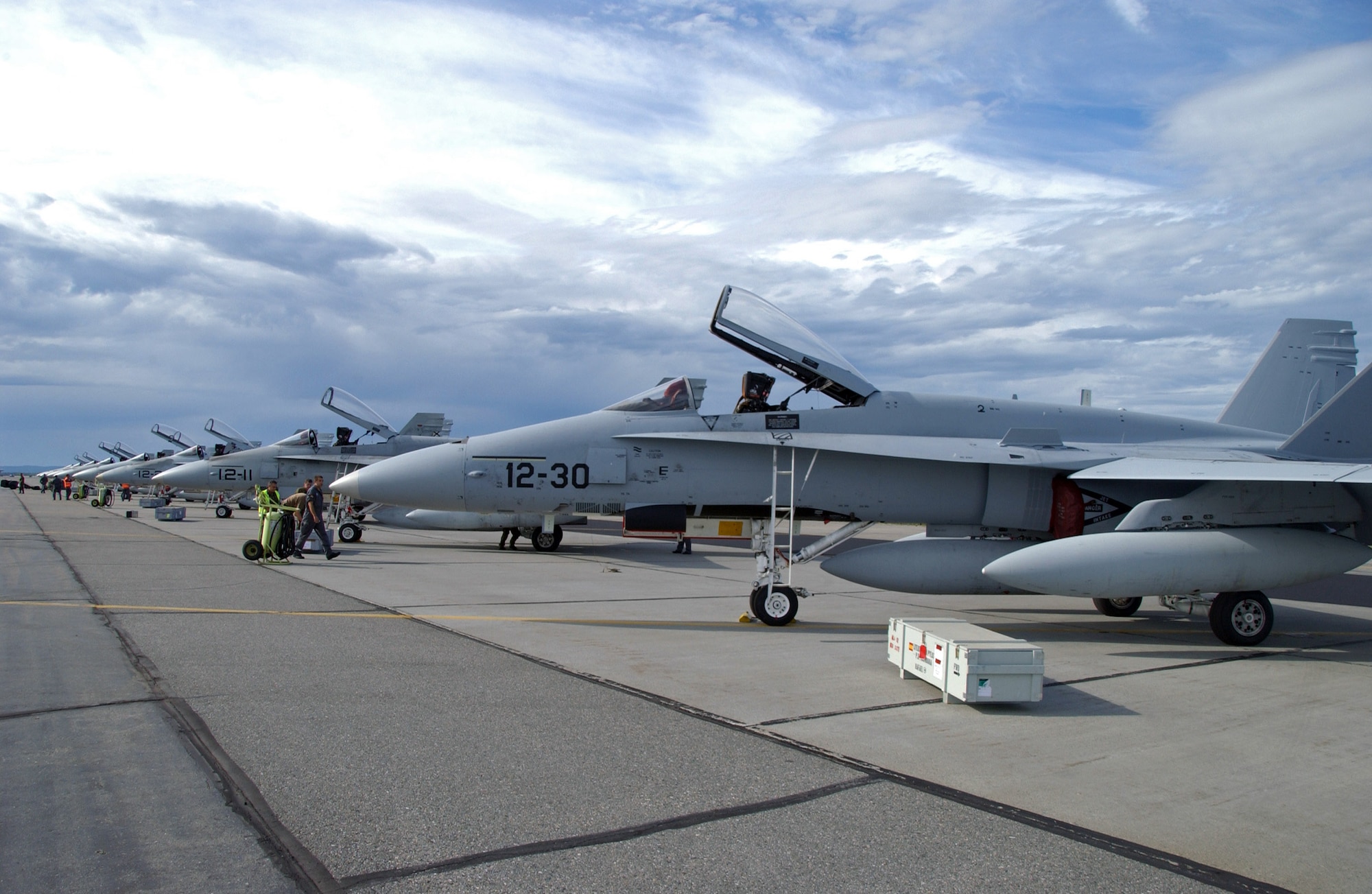 Spanish F-18's sit on the Eielson Air Force Base, Alaska, flight line July 10 waiting to be serviced before a training exercise July.  A group of Spanish airmen are participating in Red Flag-Alaska 07-3, a multi-service, multi-platform coordinated, combat operations exercise, which runs through the July 27.  (U.S. Air Force photo/Airman 1st Class Christopher Griffin)