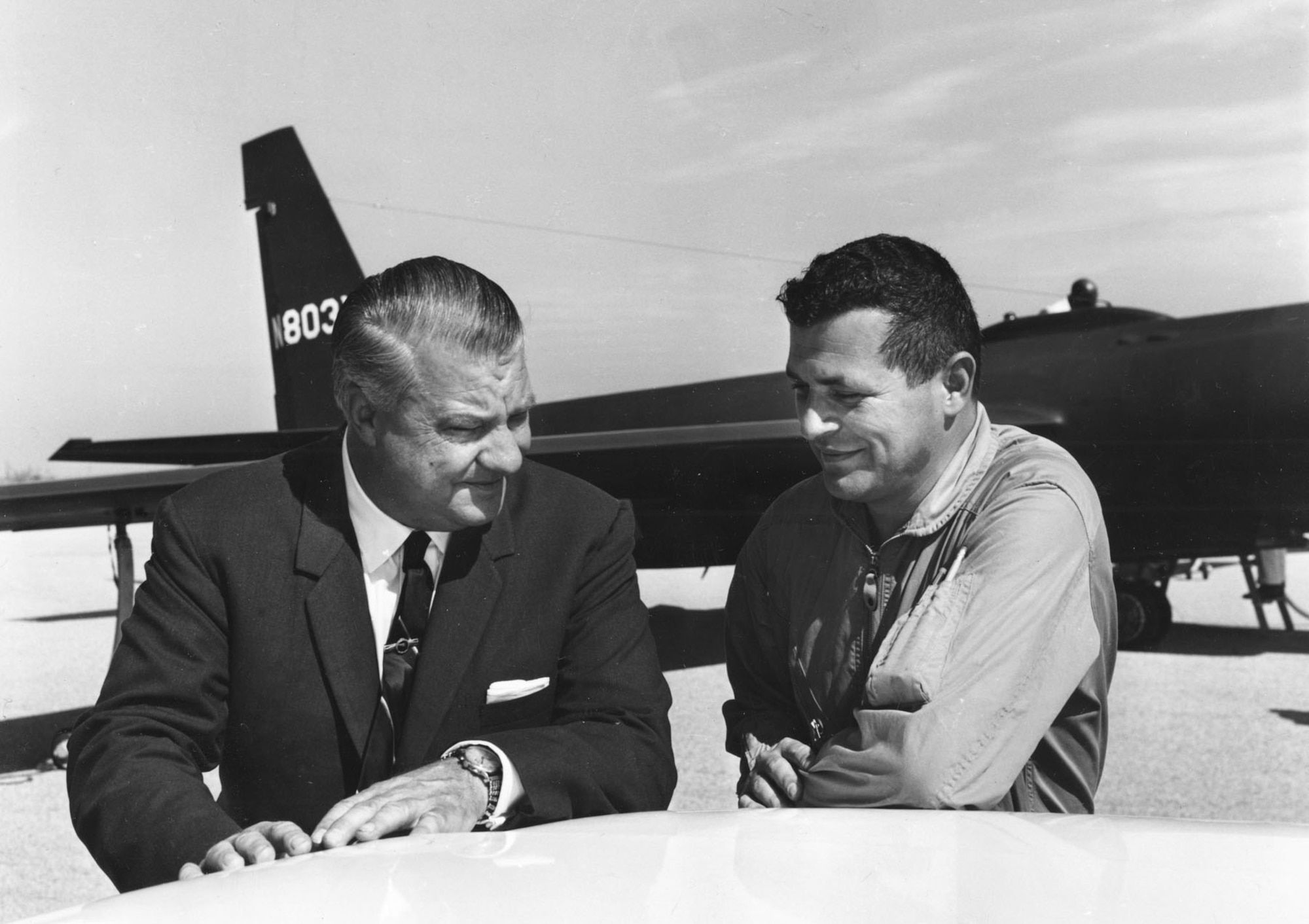 Francis Gary Powers (right) with U-2 designer Kelly Johnson in 1966. Powers was a USAF fighter pilot recruited by the CIA in 1956 to fly civilian U-2 missions deep into Russia. Powers and other USAF Reserve pilots resigned their commissions to become civilians. (Lockheed Company photo)