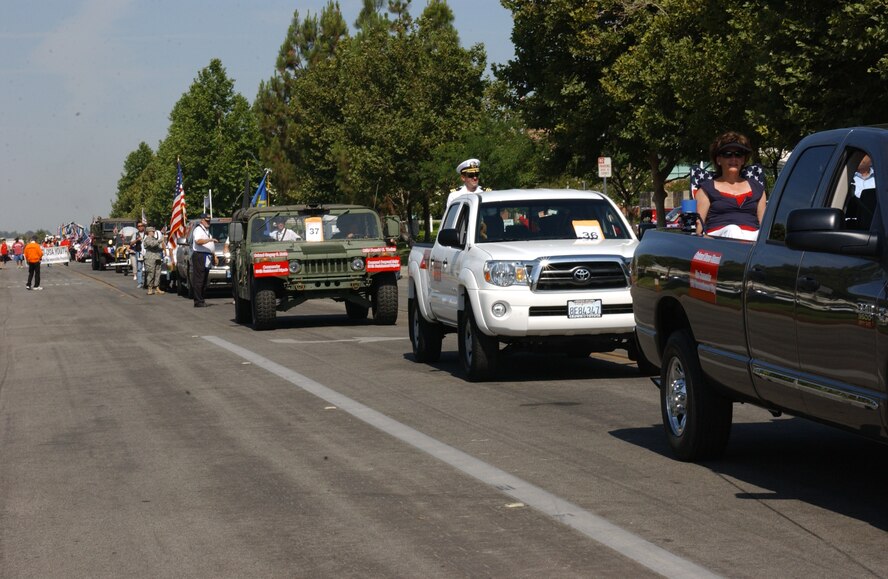 Representatives from all the units at March ARB rode in the 4th of July parade.  The Air Force, Army and Navy Reserve as well as the Air National Guard participated in the parade.  (photo by U.S. Army Specialist Tracy Ellingsen)

