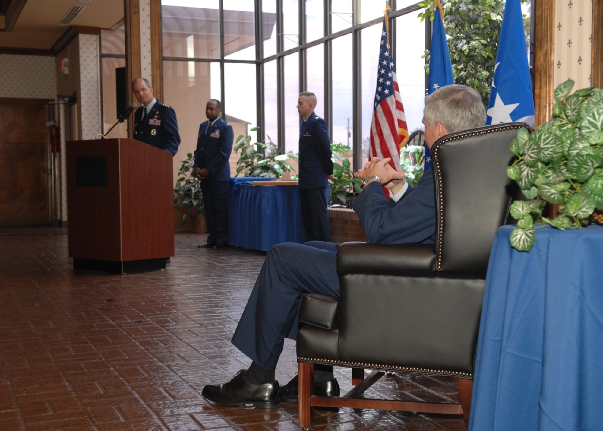 Gen. Kevin Chilton, Air Force Space Command commander, speaks to Colonel Moore. General Chilton was the guest speaker for the ceremony. (U.S. Air Force photo by Airman 1st Class Jamal Sutter)