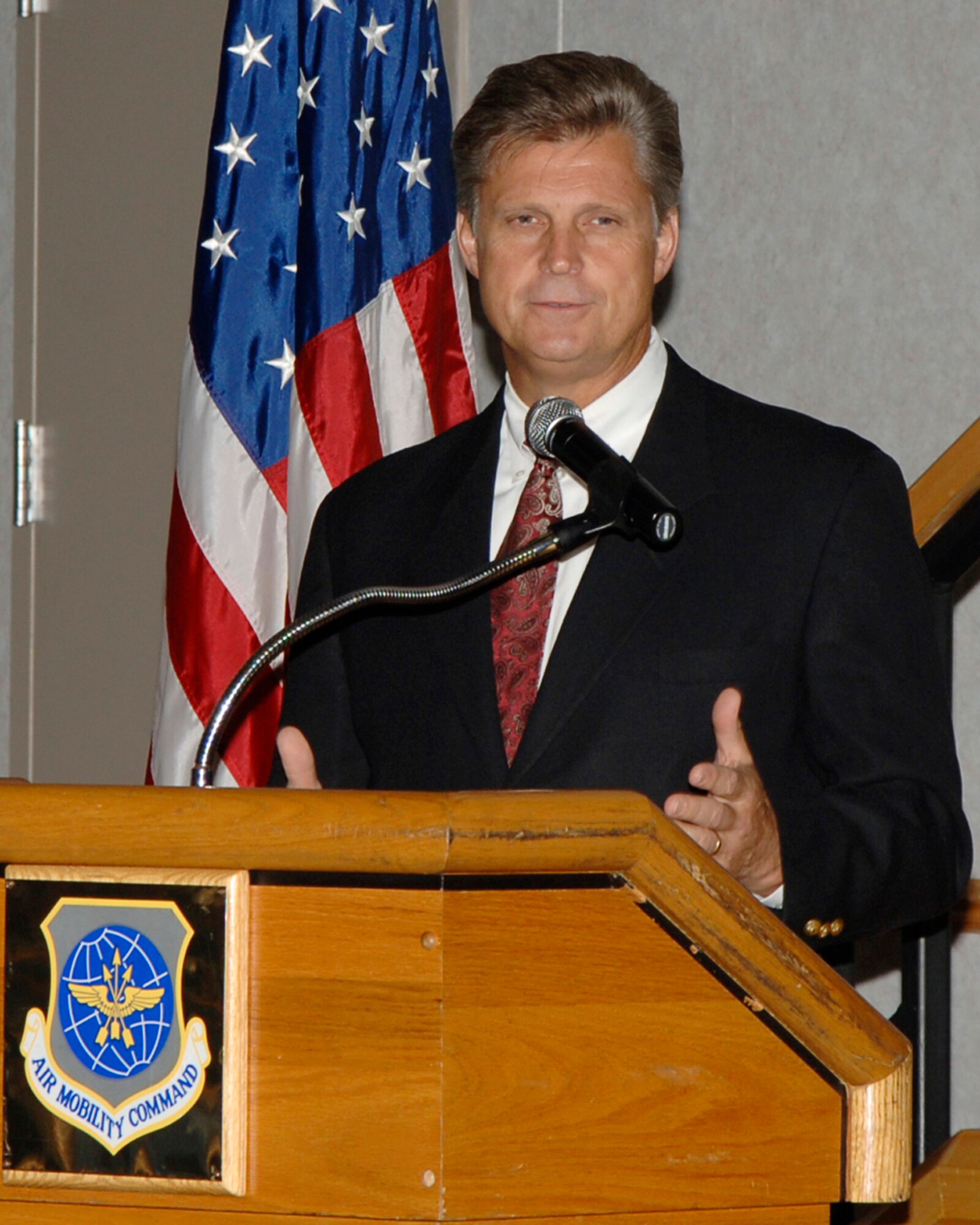 MCCONNELL AIR FORCE BASE, Kan. -- Congressman Todd Tiahrt, Kansas’s 4th Congressional District representative, speaks to business owners at the annual Procurement Conference July 9 at the Robert J. Dole Community Center here. During the conference, Congressman Tiahrt shared insight with a group of small-business owners on forming and maintaining government and civilian business relations. (Photo by Airman 1st Class Laura Suttles)