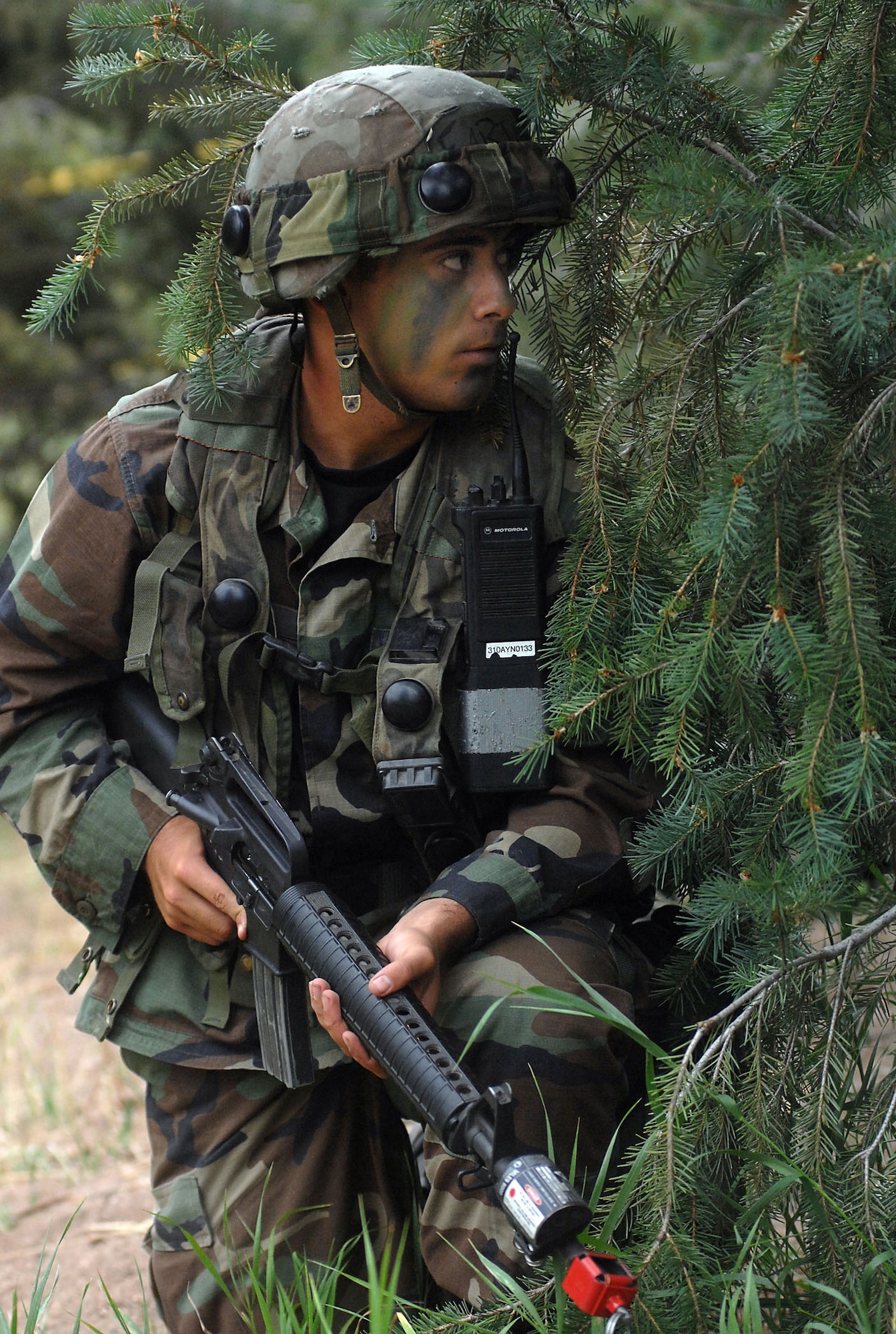 Cadet 3rd Class Farino Salvatore scans for opposition forces during the Global Engagement course July 10 at the U.S. Air Force Academy in Colorado. The purpose of Global Engagement is to lay the foundation for Air Force Academy Cadets of attitudes, knowledge and skills necessary to lead, fight, and win in a dynamic and diverse global environment. (U.S. Air Force photo/Tech. Sgt. Larry A. Simmons) 