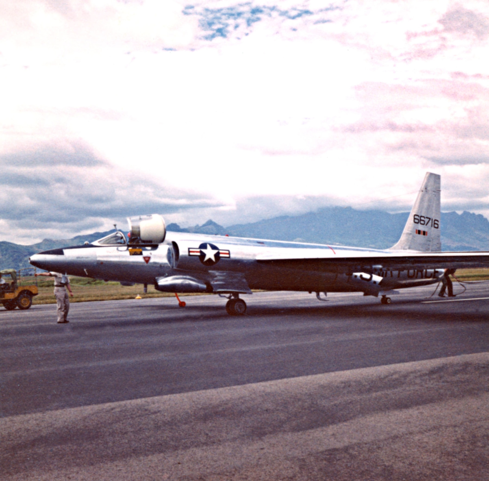 The air sampling intake on the lower left fuselage trapped upper atmosphere particles that gave scientists detailed knowledge of nuclear weapons tests conducted by various nations. The U-2 in this picture is on Fiji Island en route to Australia in 1961. (U.S. Air Force photo)