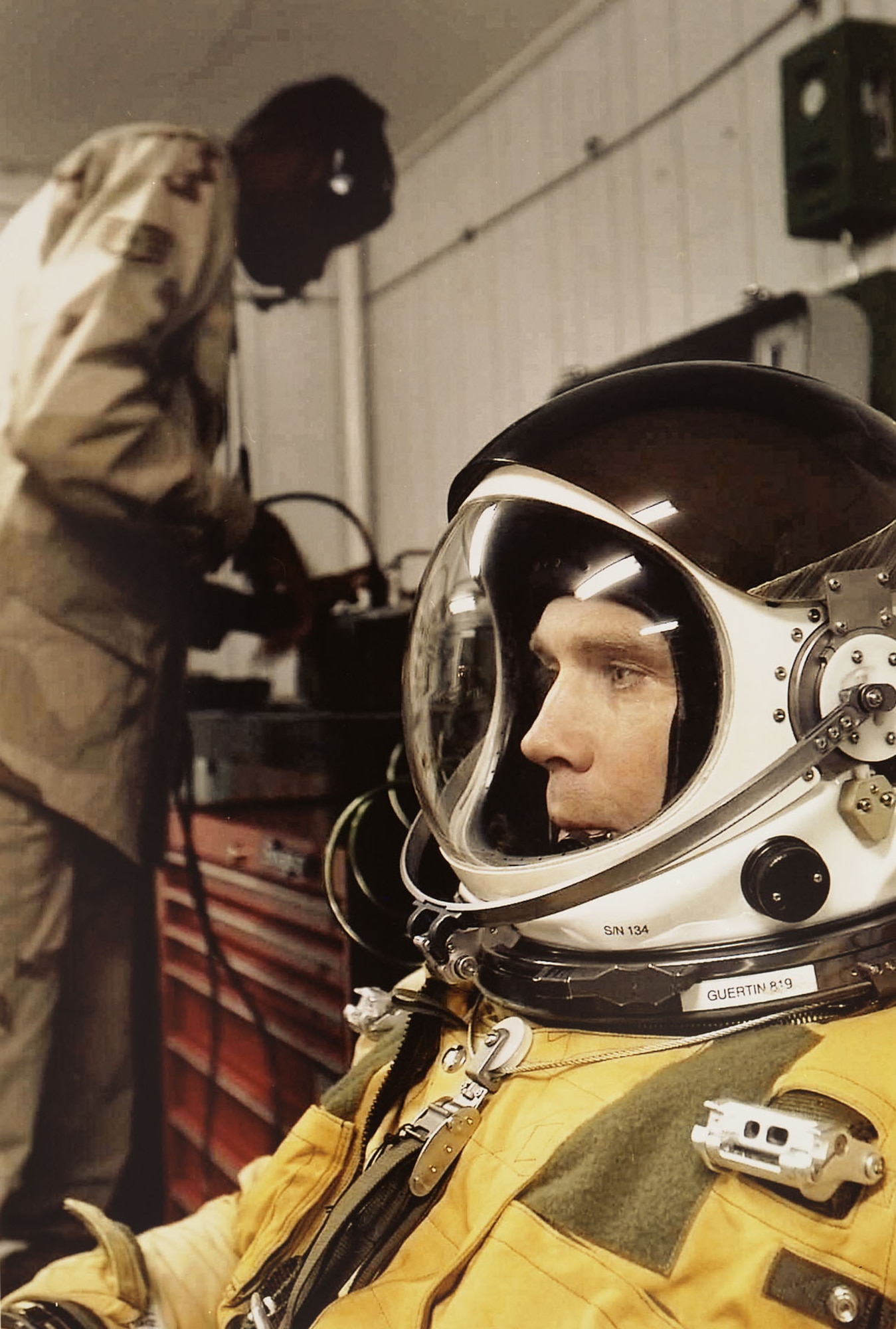 The U-2R (1967) and later models have roomier cockpits allowing pilots to wear full pressure suits. The U-2 pilot in this photo is wearing modern 1990s suits. Before each flight, pilots must spend about an hour breathing pure oxygen in order to prepare for high-altitude flight. (U.S. Air Force photo)