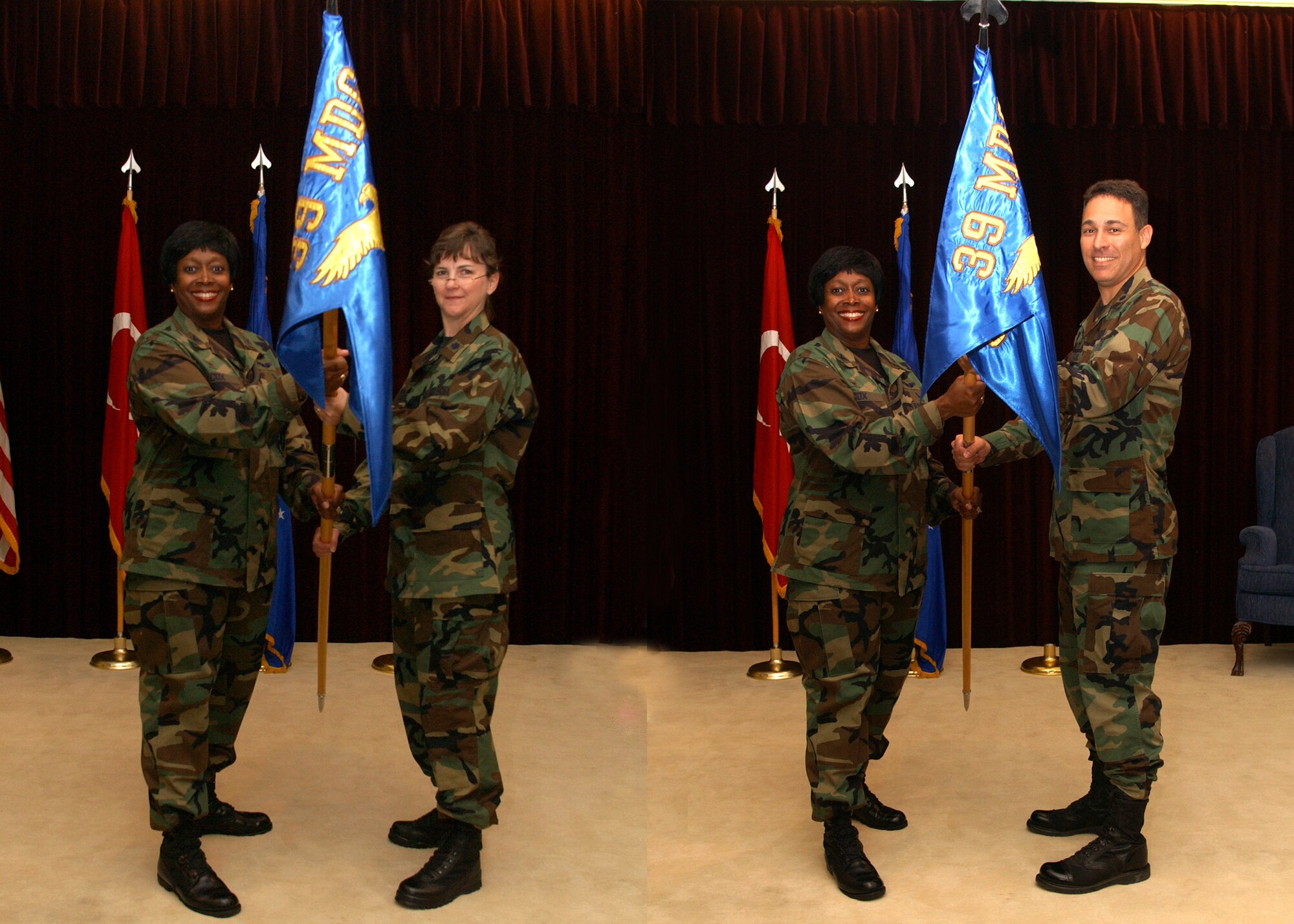 Lt. Col. Tracy Tenney, left, assumed command of the 39th Medical Support Squadron followed by Lt. Col. Ender Ozgul, right, who assumed command of the 39th Medical Operations Squadrons.  (U. S. Air Force graphic by Airman 1st Class Tim Taylor)