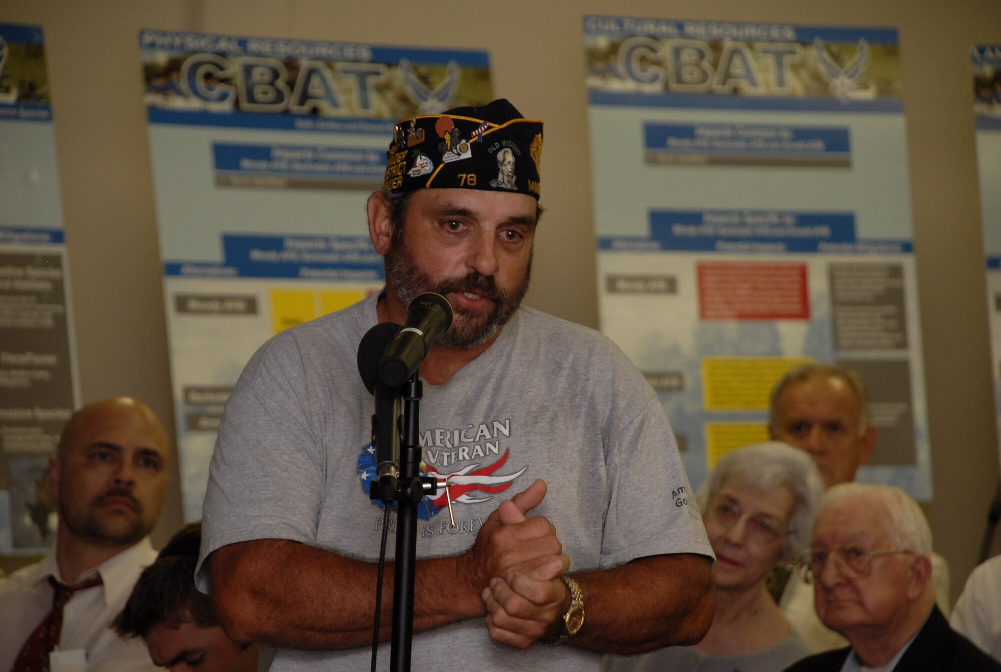 Jimmy Taylor, Army veteran and citizen of Manchester, Tenn., shared comments at a public hearing July 10 at the Coffee County Administrative Plaza in Manchester. The hearing presented the findings of the federally mandated environmental impact study from the three Air Force bases under consideration for the Common Battlefield Airmen Training (CBAT) program.  (Photo by Rick Goodfriend)