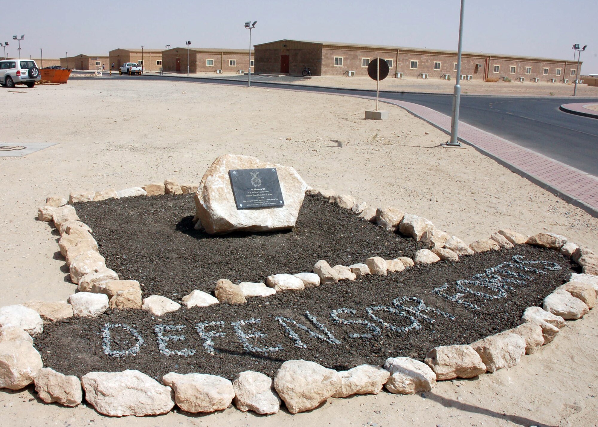 Ware memorial was dedicated July 4 by members of the 386th Air Expeditionary Wing to the memory of Airman 1st Class Carl Ware, who was killed in a non-combat incident July 2006. (U.S. Air Force photo by Staff Sgt. Raymond Mills)