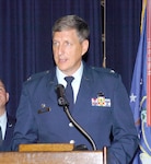 Col. Daniel Badger Jr., addresses members of the Air Force Manpower Agency after taking command of the unit Tuesday. (U.S. Air Force photo by David Terry)