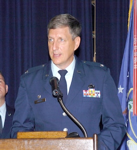 Col. Daniel Badger Jr., addresses members of the Air Force Manpower Agency after taking command of the unit Tuesday. (U.S. Air Force photo by David Terry)