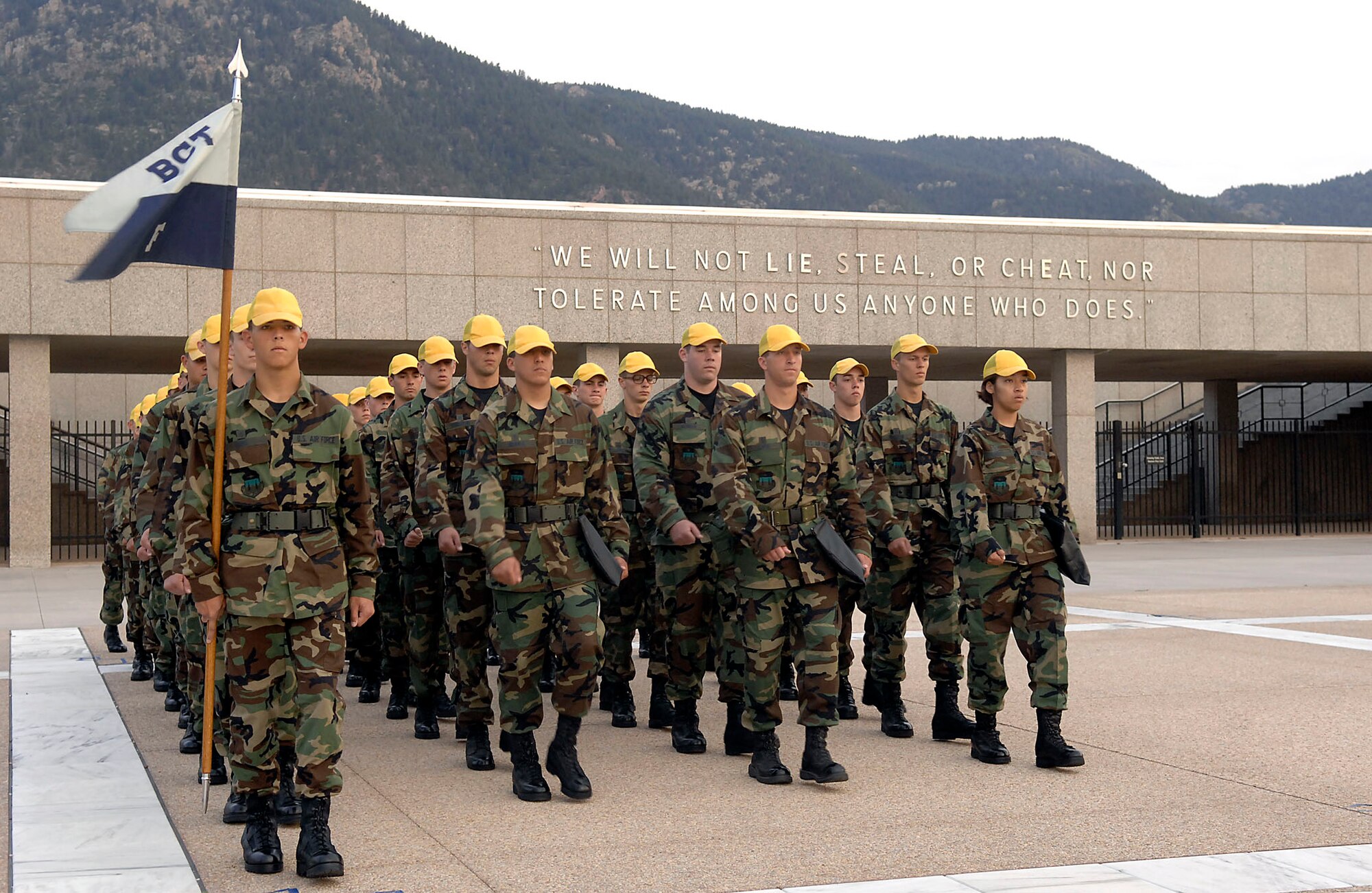 A flight of new cadets marches in formation July 12 at the Air Force Academy in Colorado Springs, Colo.  The Academy received 9,162 applications for this year's class. Only 1,600 applicants were offered appointments. (U.S. Air Force photo/Tech. Sgt. Larry A. Simmons)