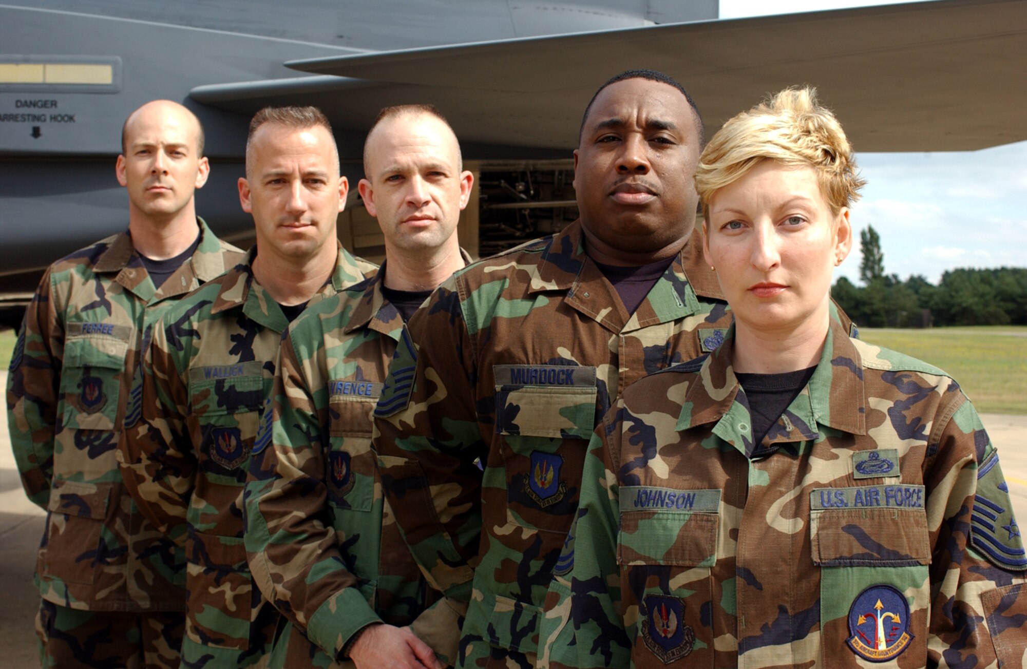 More than 4,500 enlisted Airmen work hard every day to keep the mission going at RAFs Lakenheath and Feltwell and more than 30 first sergeants here work hard to keep them going. From left to right are RAF Lakenheath first sergeants Master Sgt. Andrew Ferree, 48th Logistics Readiness Squadron, Master Sgt. Scott Wallick, 48th Munitions Squadron, Master Sgt. Dale Lawrence, 48th Communications Squadron, Master Sgt. Curtis Murdock, 48th Civil Engineering Squadron and Master Sgt. Nicole Johnson, 52nd Aircraft Maintenance Squadron of Spangdalem AB, Germany. (U.S. Air Force photo by Airman 1st Class Kristopher Levasseur)