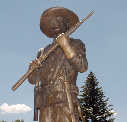 This buffalo soldier statue went up outside Warren’s main gate last month. The Wyoming Buffalo Soldier Association, with help from Cheyenne and Warren, plans to create a memorial to the buffalo soldiers that were stationed here in the early 1900s (Photo by Airman 1st Class Daryl Knee).