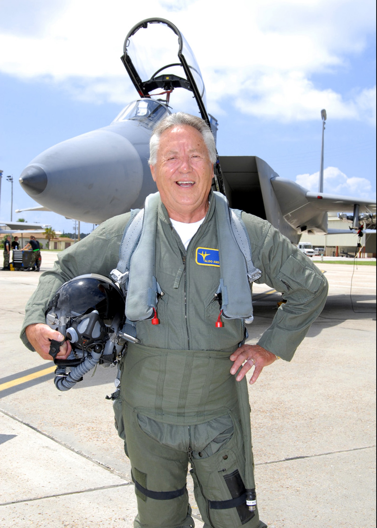 Aldo Andretti, twin brother to auto racing great Mario Andretti, gets ready for his incentive flight aboard a Tyndall AFB, Fla., F-15, July 11. (US Air Force photo by Lisa Norman)