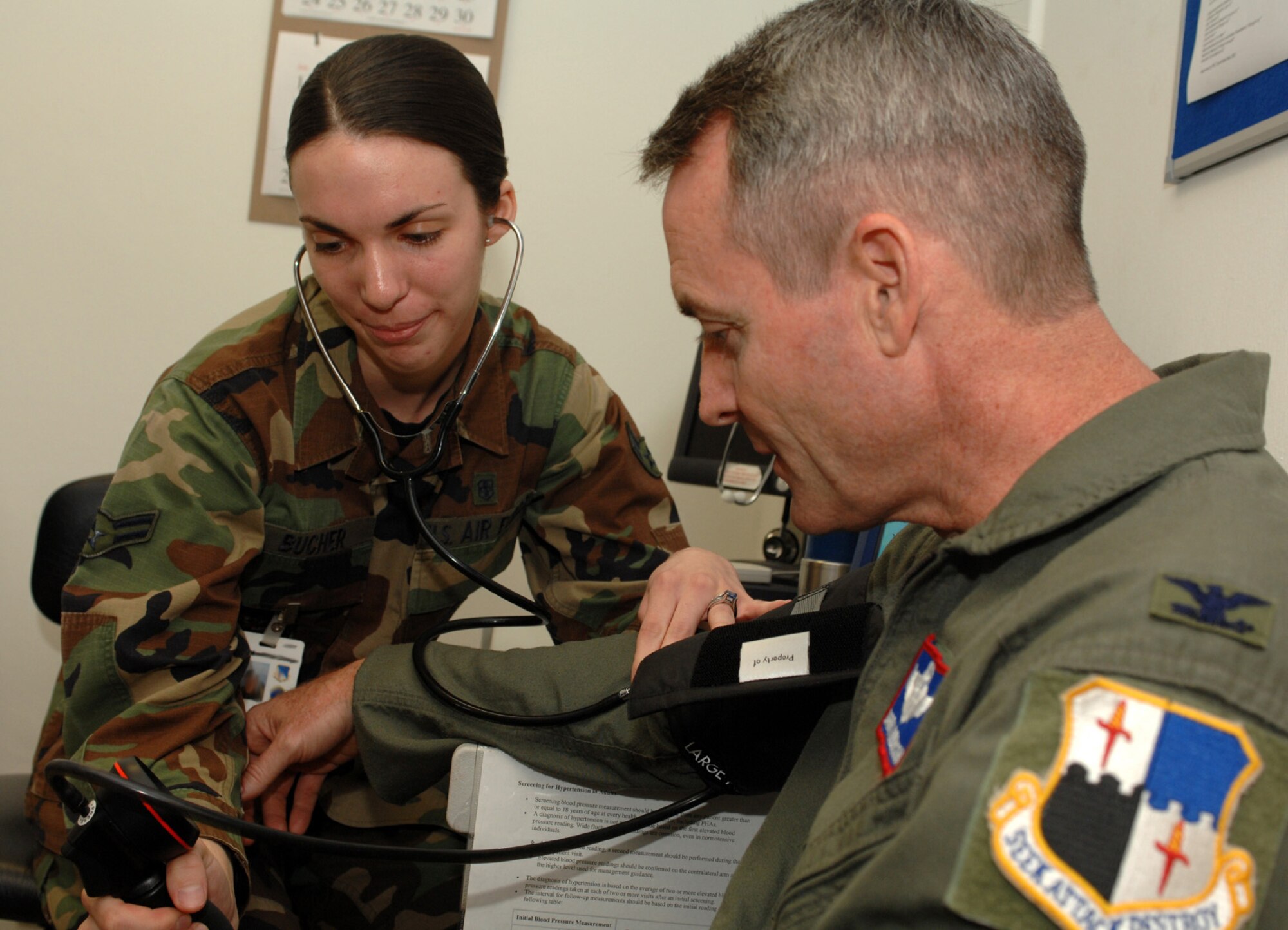 SPANGDAHLEM AIR BASE, Germany – Airman 1st Class Mary Bucher, 52nd Medical Operations Squadron medical technician, checks Col. Darryl Roberson’s, 52nd Fighter Wing commander, blood pressure. Colonel Roberson spent time with Airman Bucher July 9 as part of his Commander Shadow Program. Airman Bucher, who has been in the Air Force for one year and eight months, is one of the first people to assess a patient’s condition upon arrival to their medical appointment. Airman Bucher’s goal is to not only complete her Community College of the Air Force degree, but to receive her veterinary medicine degree from Texas A&M. (U.S. Air Force photo/Airman 1st Class Stephanie Clark)