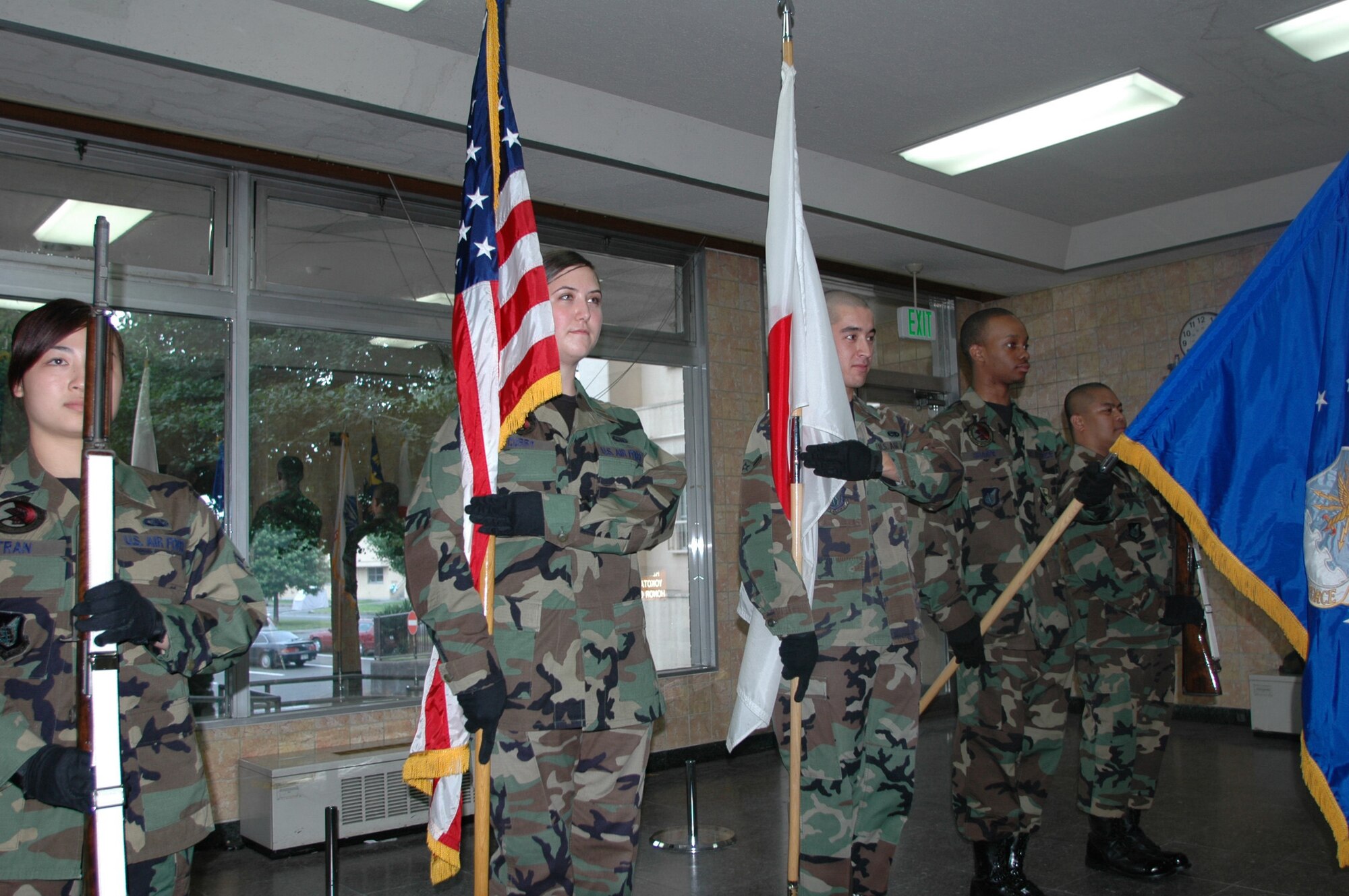 Yokota Air Base Honor Guard members train on presentation of the colors June 29 in Tower 2000. Honor Guard is a tradition and detial that is held highly in the U.S. Air Force. (U.S. Air Force photo by Airman 1st Class Eric Summers)