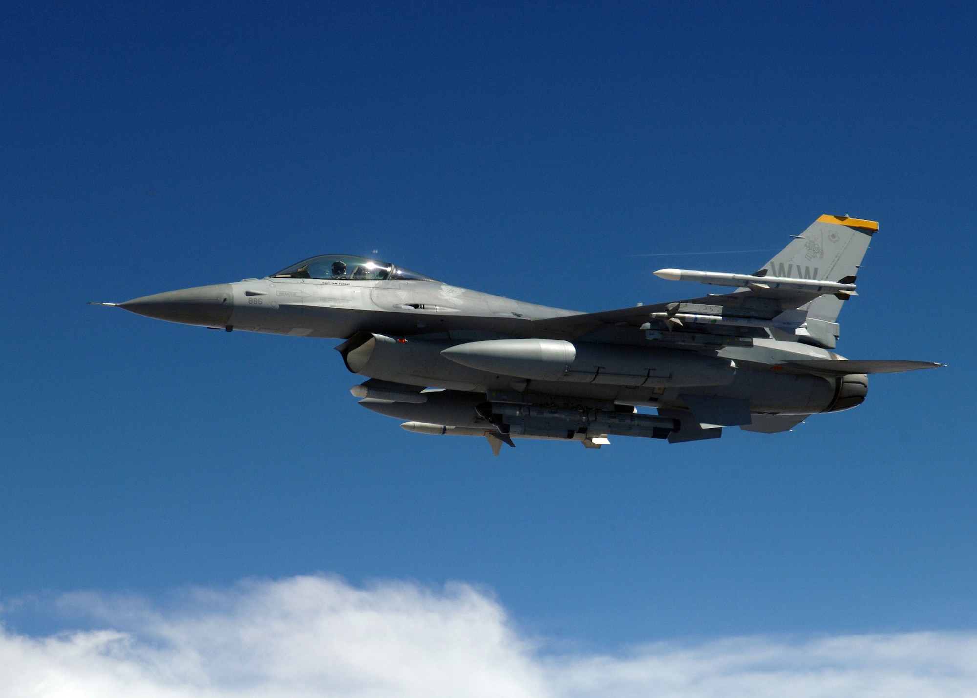 Air Force file photo: F-16CJ Fighting Falcon Block 50. The aircraft was photographed after being refueled by a KC-135 during Red Flag 06-2 about 100 miles northeast of Nellis Air Force Base, Nev in August 2006. (U.S. Air Force photo by Airman 1st Class Andrew Dumboski)