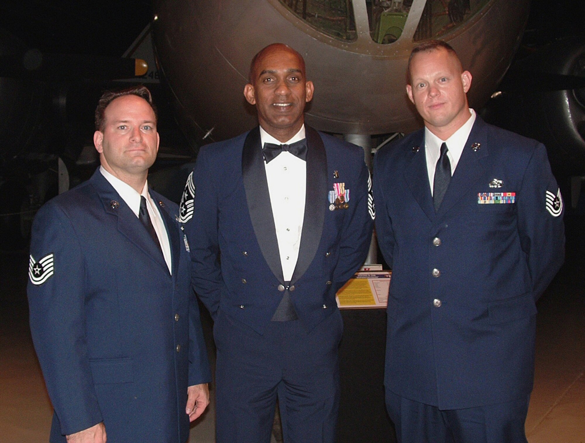 Tech. Sergeants Robert Clark (left) and Raymond Edwards (right) were joined by 482nd Fighter Wing Command Chief Master Sgt. Charles Clunie June 29 as the two sergeants graduated from the NCO Academy at Robins Air Force Base, Ga. The academy reinforces leadership, communication and mentoring skills for advancement throughout the NCO ranks in the Air Force. Sergeant Clark is the 482nd Fighter Wing historian, and Sergeant Edwards is a vehicle control officer with the 70th Aerial Port Squadron at Homestead Air Reserve Base, Fla. (U.S. Air Force photo/Betty Kennedy)