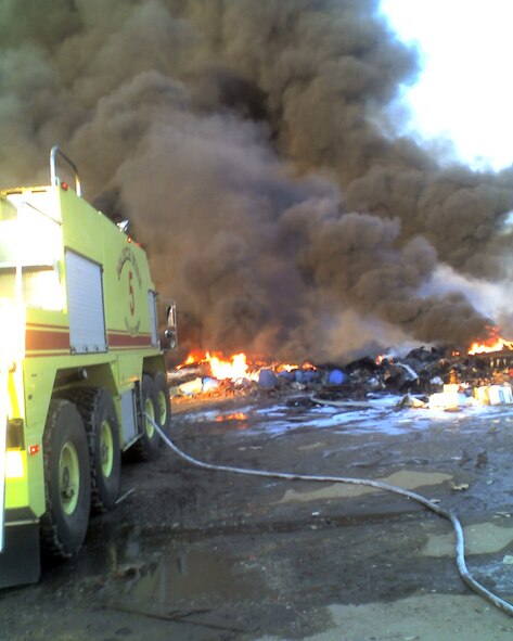 March Air Reserve Base Truck #5 arrives at the scene of the fire. (U.S. Air Force photo by Chris Christianson)