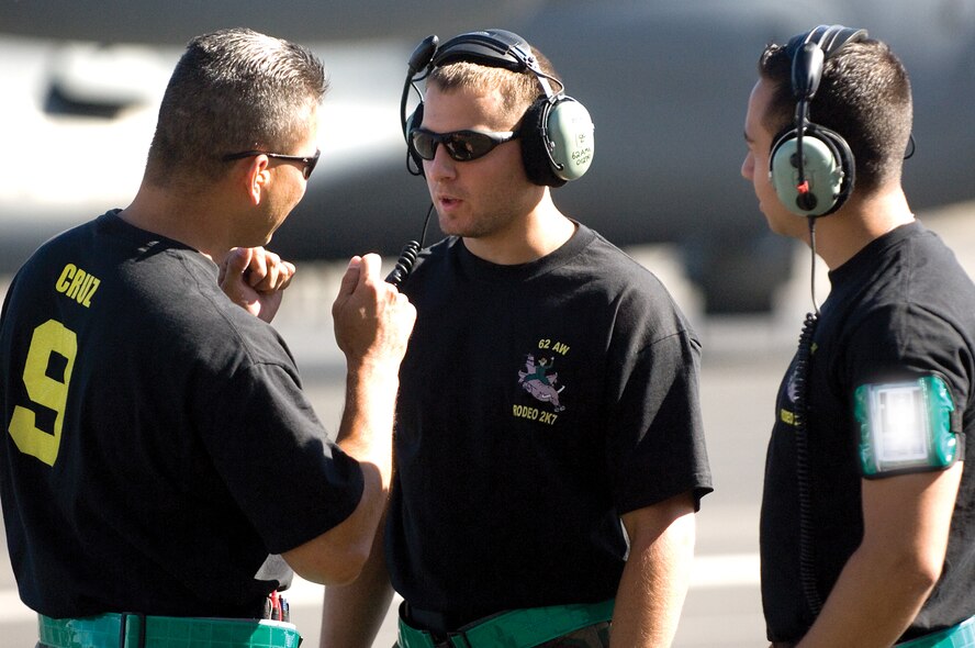 MCCHORD AIR FORCE BASE, Wash. -- From left, Master Sgt. Ben Cruz, Senior Airman Gary Hix, and Sergeant Hoene all from the 62nd MXG Rodeo team, discuss pre-flight maintenance issues during Rodeo training Tuesday at Moses Lake.(U.S. Air Force photo/Abner Guzman)