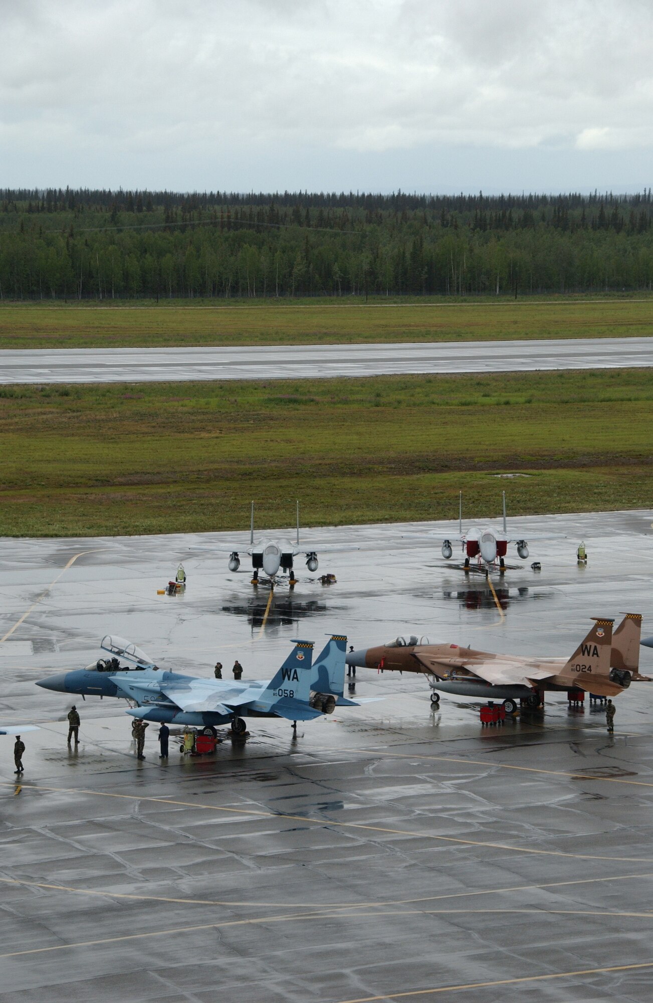 EIELSON AIR FORCE BASE, Alaska -- An F-15C Aggressor from 65th Aggressor Squadron, Nellis AFB, Nev., prepares to take off for a training exercise July 11, 2007. Red Flag-Alaska enables aviation units to sharpen their combat skills by flying ten simulated combat sorties in a realistic threat environment. Additionally, the training allows them to exchange tactics, techniques, and procedures and improve interoperability. (U.S. Air Force photo by Airman 1st Class Christopher Griffin)