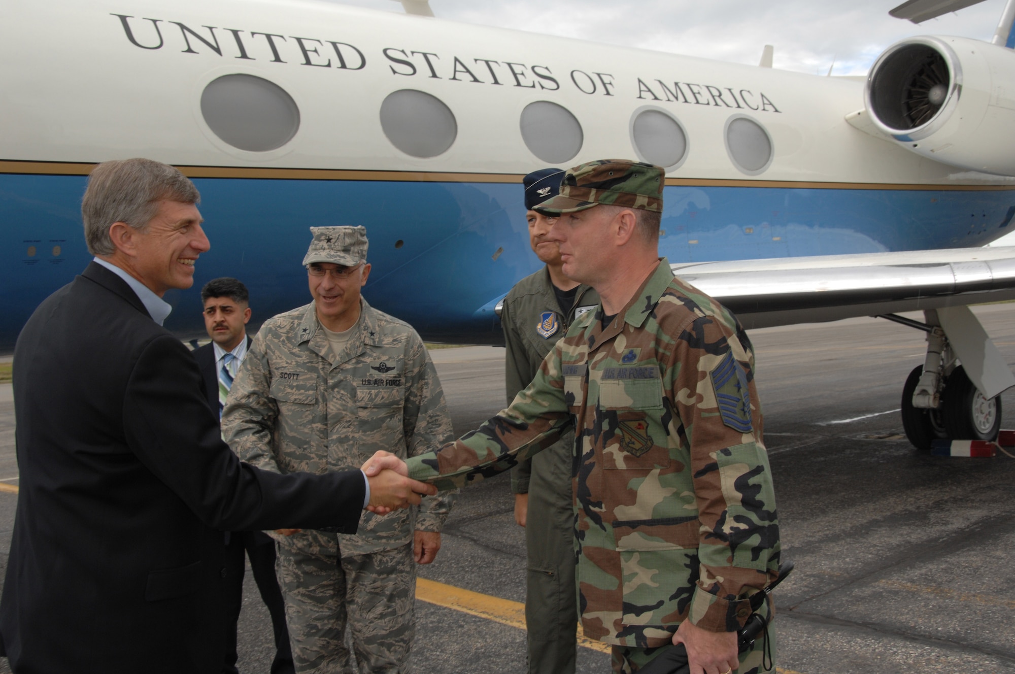 EIELSON AIR FORCE BASE, Alaska -- Under Secretary of the Air Force, The Honorable Dr. Ronald M. Sega greets Command Chief Stephen Ludwig upon arrival at Eielson AFB, AK. on July 12. (U.S. Air Force taken by Staff Sergeant Tia C. Schroeder)