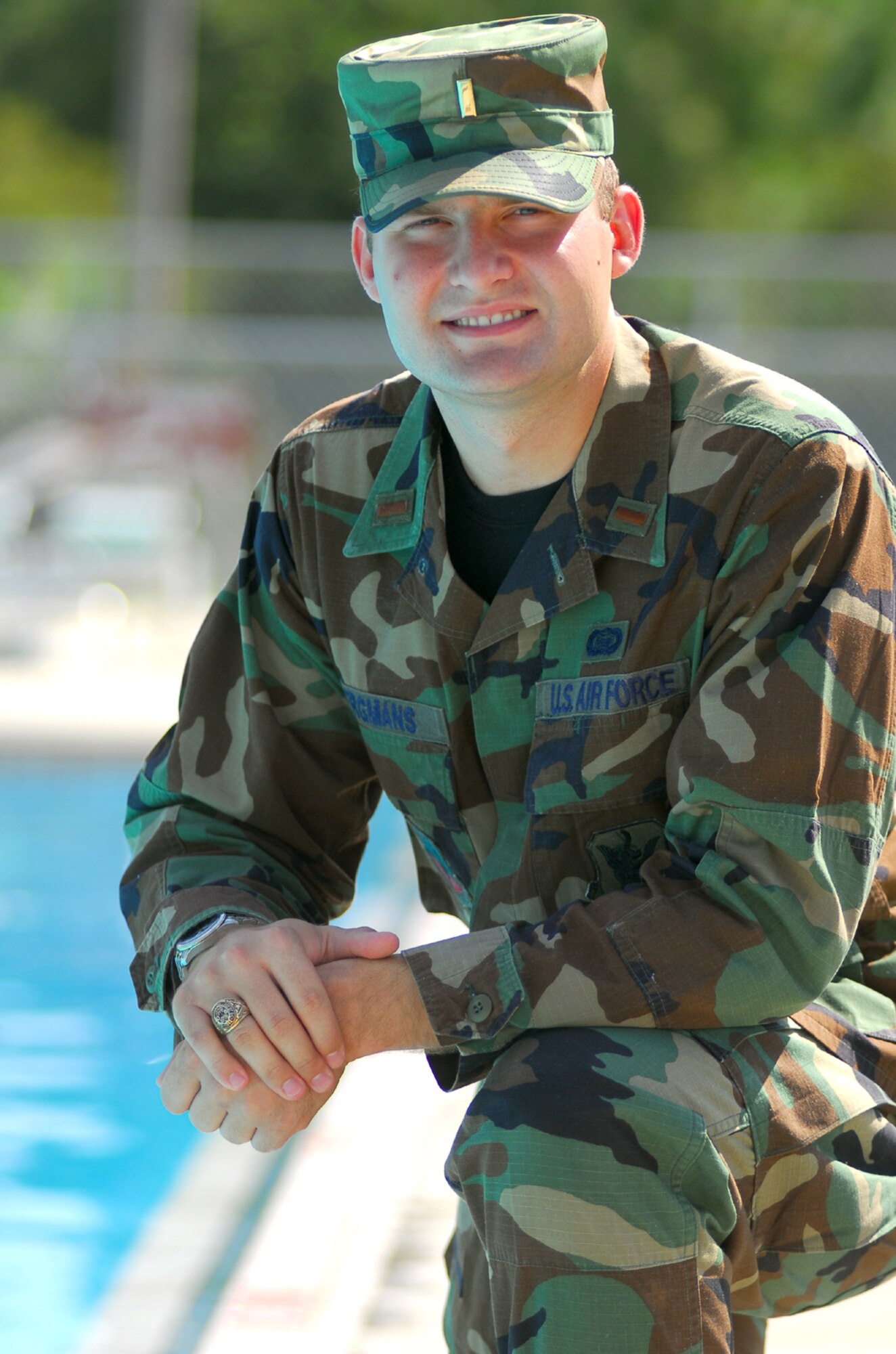 2nd Lt. John Bergmans, 820th Security Forces Group intelligence analyst, recently helped revive a small child who appeared to have drowned at his apartment complex's pool. Lieutenant Bergmans' combined Air Force self-aid and buddy care training with instinctive thinking to remove the water from the child's lungs, helped her begin breathing. (U.S. Air Force photo by Tech. Sgt. Parker Gyokeres)