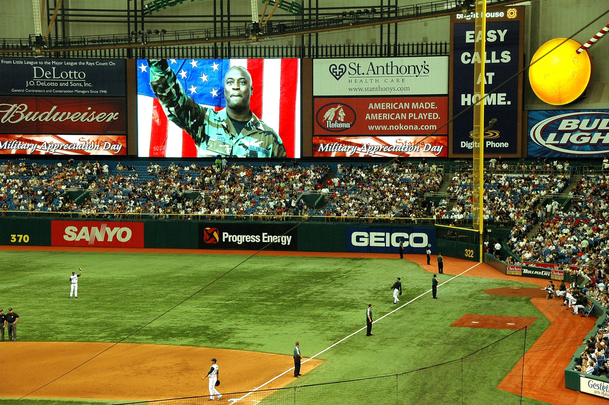 ST. PETERSBURG, Fla. -- Tech. Sgt. James Dock, a recruiter with the 920th Rescue Wing at Patrick Air Force Base, Fla., was one of seven servicemembers featured during the Tampa Bay Devil Rays' Military Appreciation Day, held at Tropicana Field here July 15. All five branches of the military were represented, and honorees were treated to seats in a luxury box to watch the Rays play the New York Yankees.  (U.S. Air Force photo/Staff Sgt. Paul Flipse)