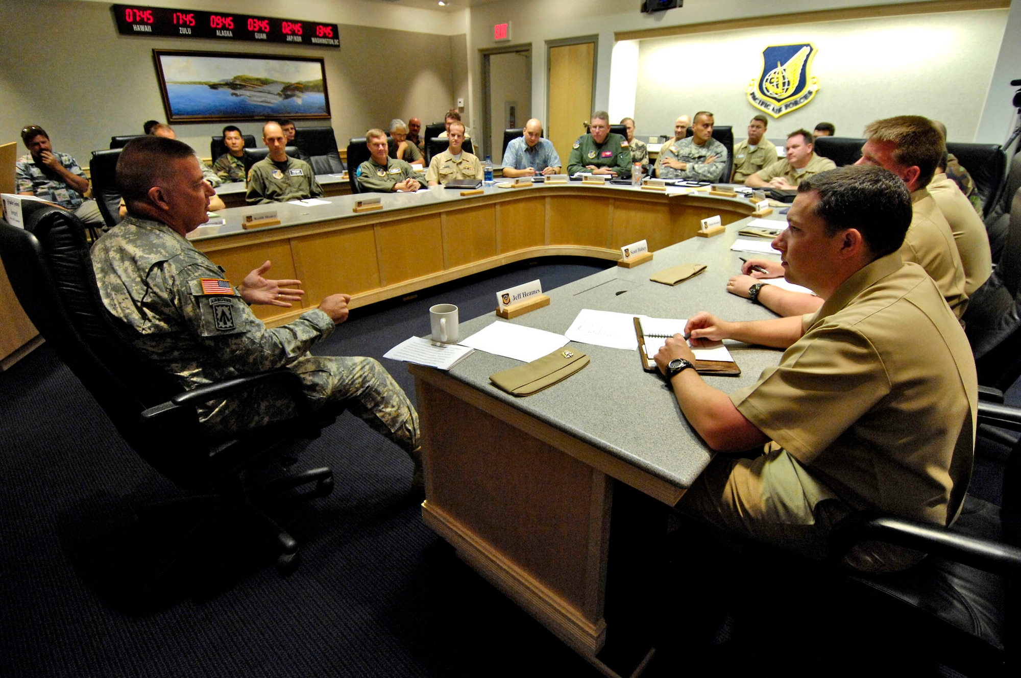 Brig. Gen. John E. Seward gives his opening remarks at the Joint Interface Control Officer Conference July 16, 2007 at Hickam Air Force Base, Hawaii. The conference is a four-day event involving joint interface control officers and ballistic missile defense experts from across the Pacific Command to focus on integrating BMD assets and capabilities to form a stronger alliance and interoperability for the future. Gen. Seward is the commander for the 94th Army Air and Missile Defense Command. (U.S. Air Force photo/Tech. Sgt. Shane A. Cuomo)
