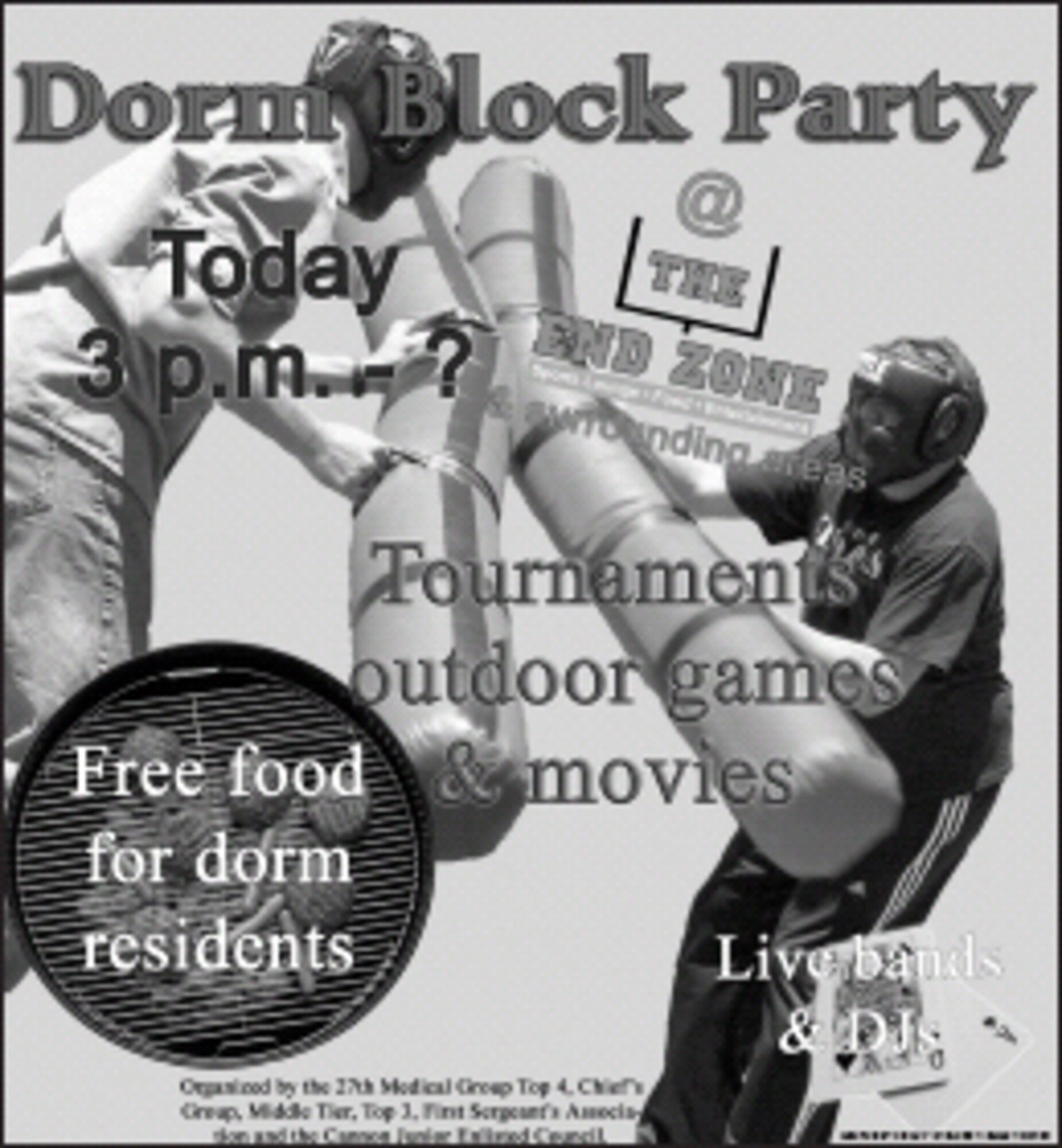 The Cannon Junior Enlisted Council worked with other Cannon organizations to host a Dorm Block Party April 27. For information on how to become involved with the group dedicated to the welfare of junior enlisted Airmen, call Airman 1st Class Kim Honeycutt at 784-4535. (U.S. Air Force graphic by Airman 1st Class Thomas Trower)