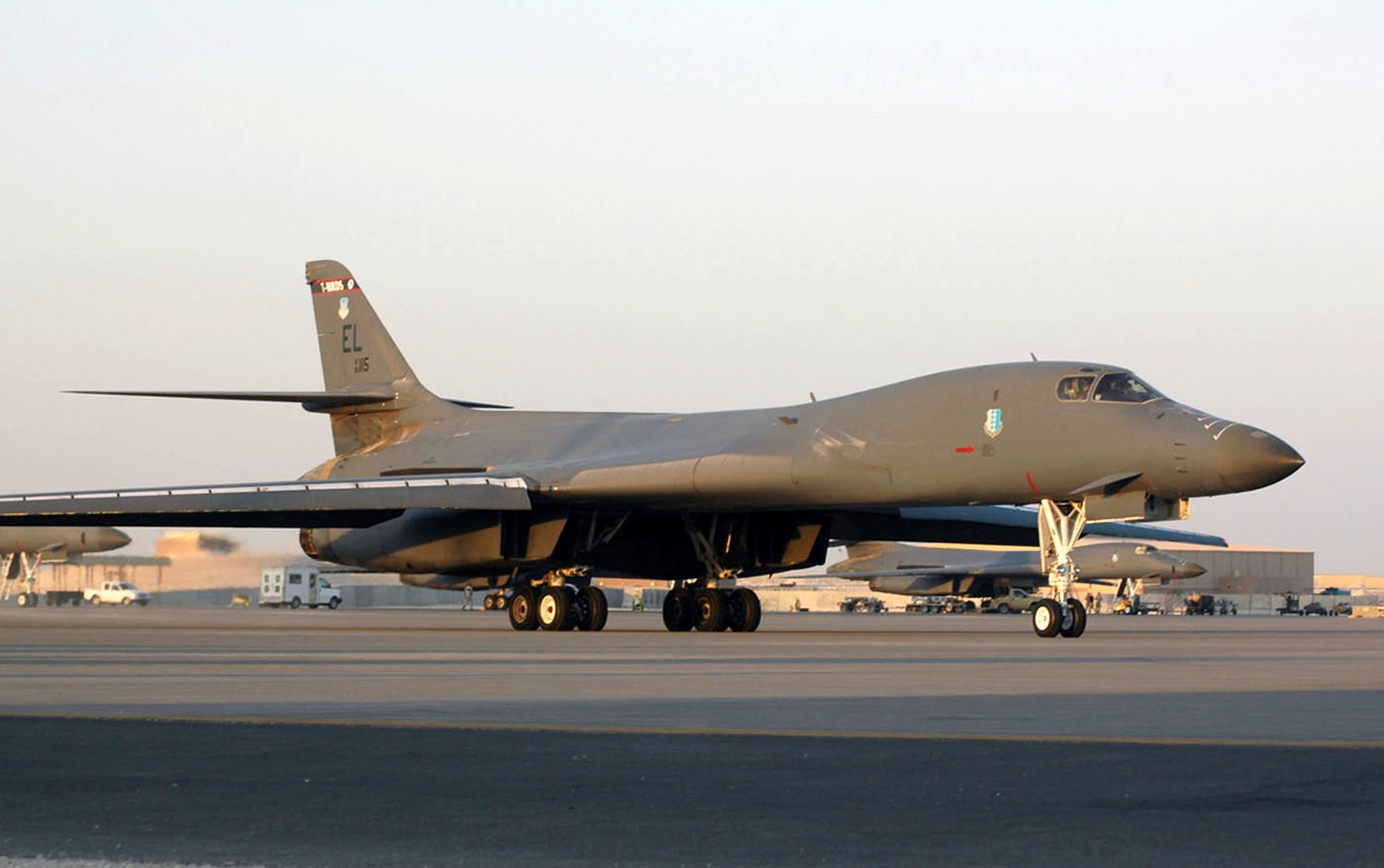 A B-1B Lancer at a forward deployed location in Southwwest Asia prepares for a mission. Lancers support both Operation Enduring Freedom and Operation Iraqi Freedom.  (U.S. Air Force photo/Senior Airman Clark Staehle)