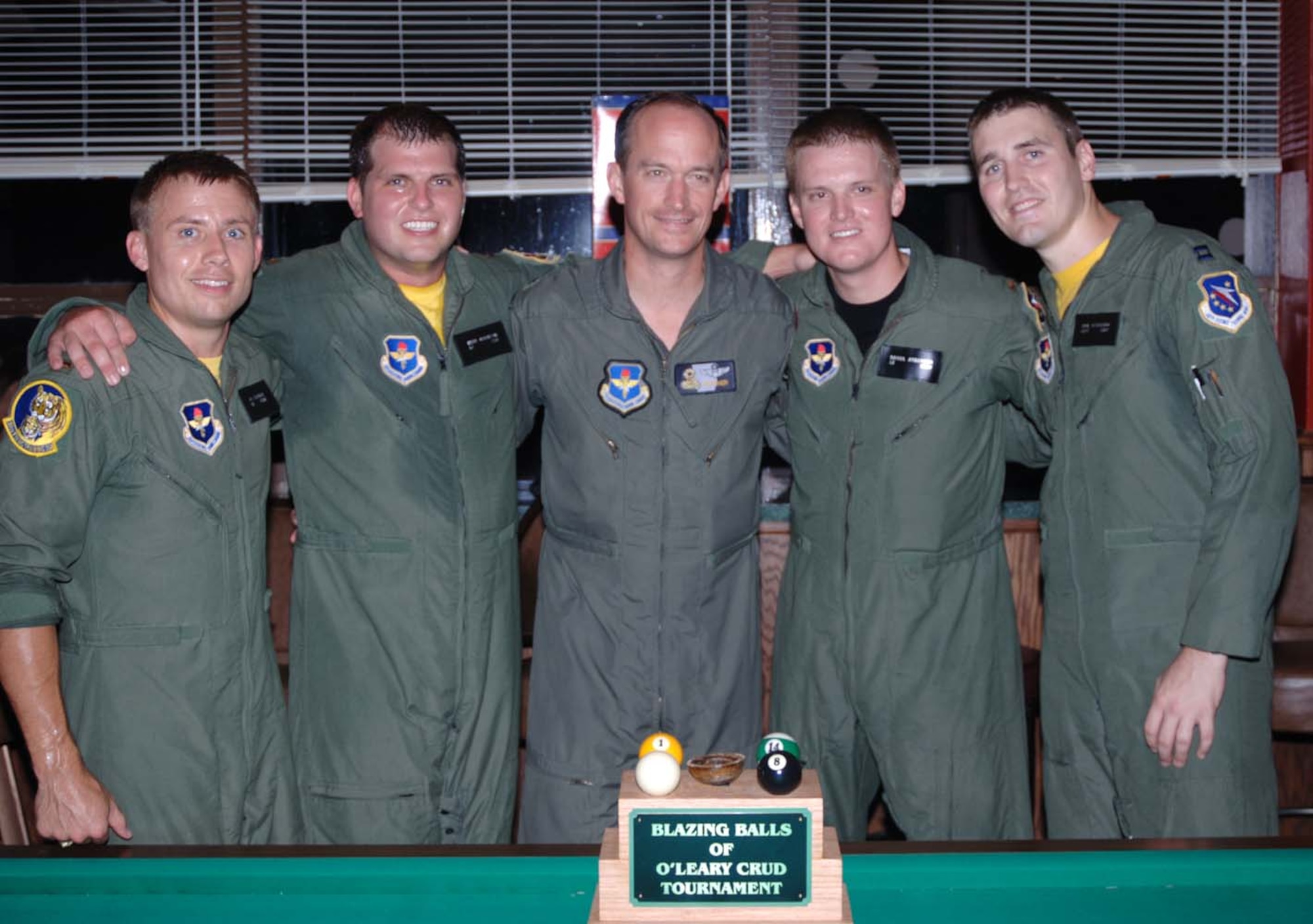 Colonel Dave Gerber, 14th Flying Training Wing commander, poses with the 07-12 Crud Tourney champions Friday night at the Columbus Club. The winning team consisted of 2nd Lt. Ryan Cummings, 2nd Lt. Christian Anderson, 2nd Lt. Jay Doerfler and Capt. Eric Hutcheson, all of SUPT Class 08-09. The next crud tournament will be Aug. 3 starting at 5 p.m. at the Columbus Club. (U.S. Air Force Photo by 2nd Lt. Kenneth Brakora)