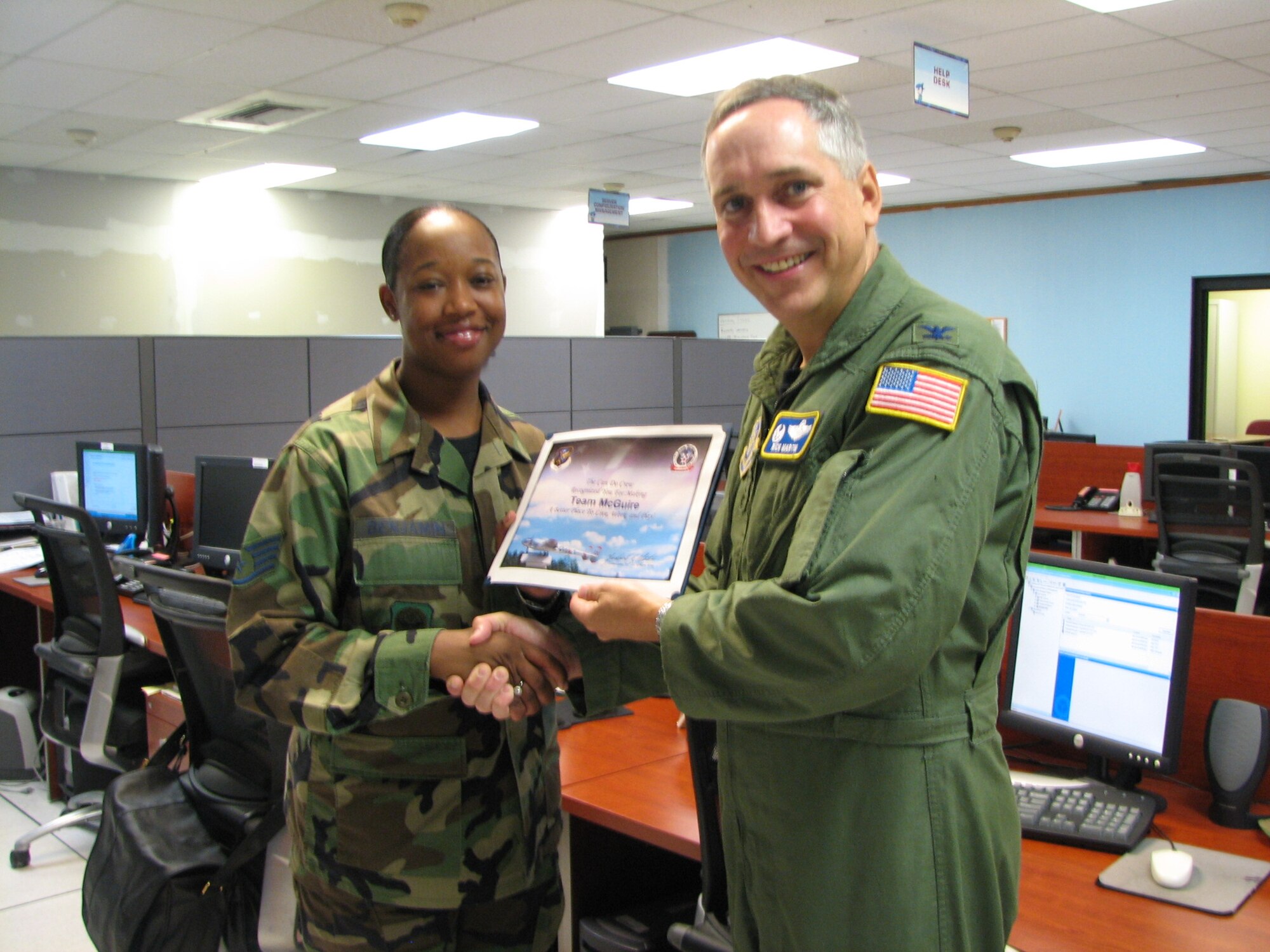 The Can Do Crew would like to recognize Staff Sgt. Covanis Benjamin from the 305th Communications Squadron. Sergeant Benjamin is a 3A who transferred from finance to the Communications Squadron six weeks ago, and she hit the ground running! Within just five days of working at the NCC help desk, she was taking calls, answering questions and solving problems as if she had been working there for months or years. In the first two weeks of her working at the help desk, the NCC received several compliments to her professionalism and dedication to duty. Sergeant Benjamin is a very determined individual; she does not stop until the job is complete. She is meticulous and thorough in her daily duties. Through her hard work and determination she has stepped up to be one of the most knowledgeable NCOs at the helpdesk and really leads the way! Staff Sgt. Kathryn Hutchens, NCC training monitor, said, “I believe she would do any job she was given with a Can Do smile and an attitude to match. I have never seen her do anything half-way ... she has one way of doing things and that is to do it right no matter what it takes. Sergeant Benjamin always keeps her focus on the mission and exudes strong leadership qualities; for this reason her peers and troops can look up to her as a mentor. She is definitely a go-getter with a constant Can Do attitude and deserves the recognition!”  Sergeant Benjamin truly epitomizes the spirit of the Can Do wing!

Be aware that the “Can Do Crew” is everywhere, looking for outstanding service. They covertly seek members of Team McGuire who make a difference, identifying and recognizing only the best!  Remember, the strongest asset of Team McGuire is its people; you are what makes McGuire a better place to live, work and play!
