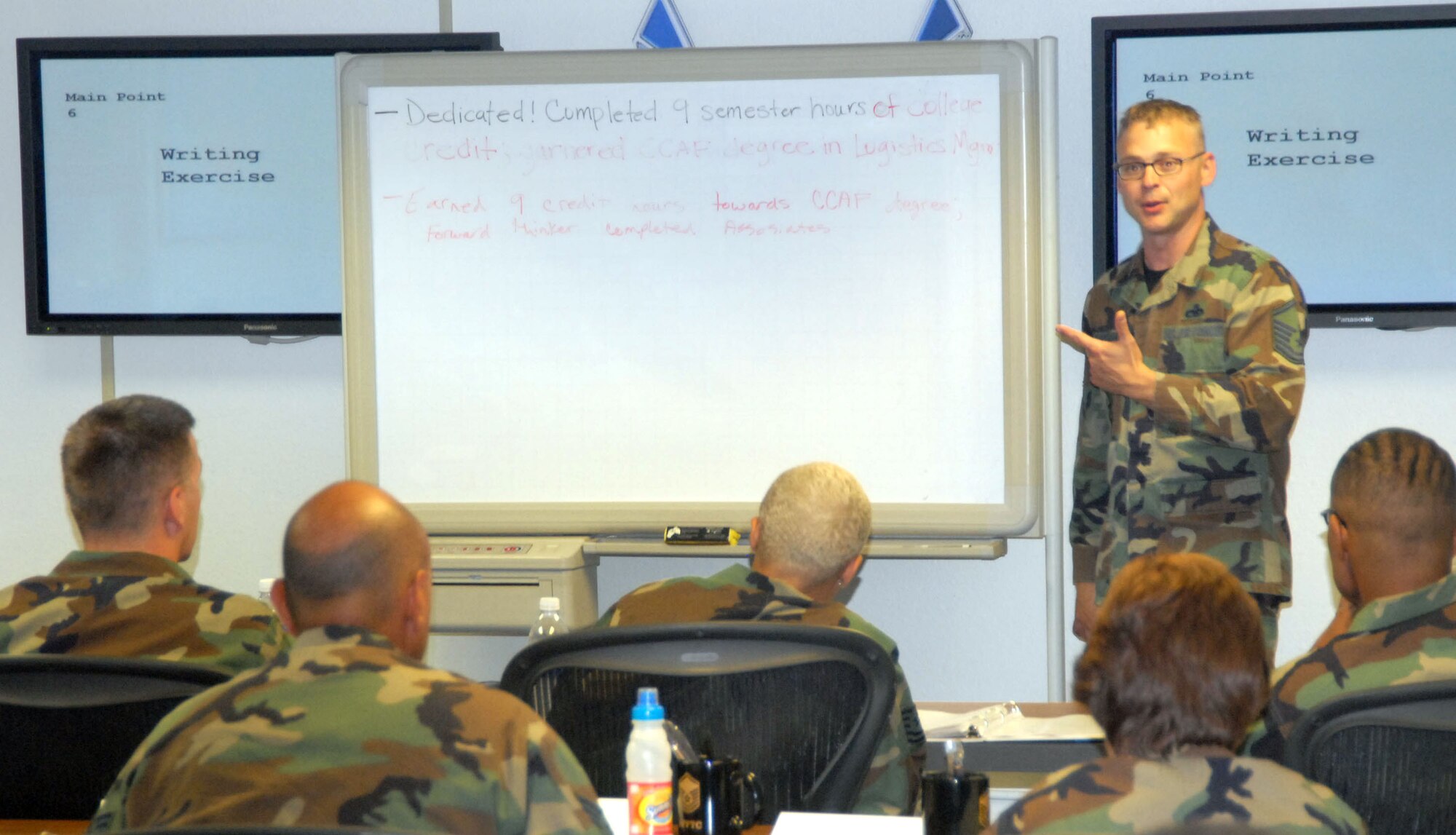 Master Sgt. Wil Hoffman, Edwards career assistance advisor, teaches effective writing techniques to the new master sergeant selects July 10 as part of the Senior Noncommissioned Officer Professional Enhancement course at the First Term Airman Center. The week-long course aims to enhance ledership skills of recently promoted senior NCOs through professional development courses. (Photo by Airman Mike Young)