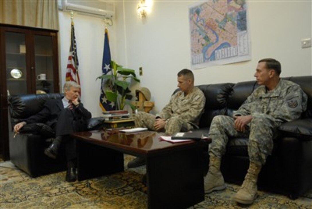 U.S. Ambassador to Iraq Ryan Crocker, Chairman of the Joint Chiefs of Staff Marine Gen. Peter Pace and U.S. Army Gen. David Petraeus, commander, Multinational Forces - Iraq, meet in Baghdad, July 16, 2007.