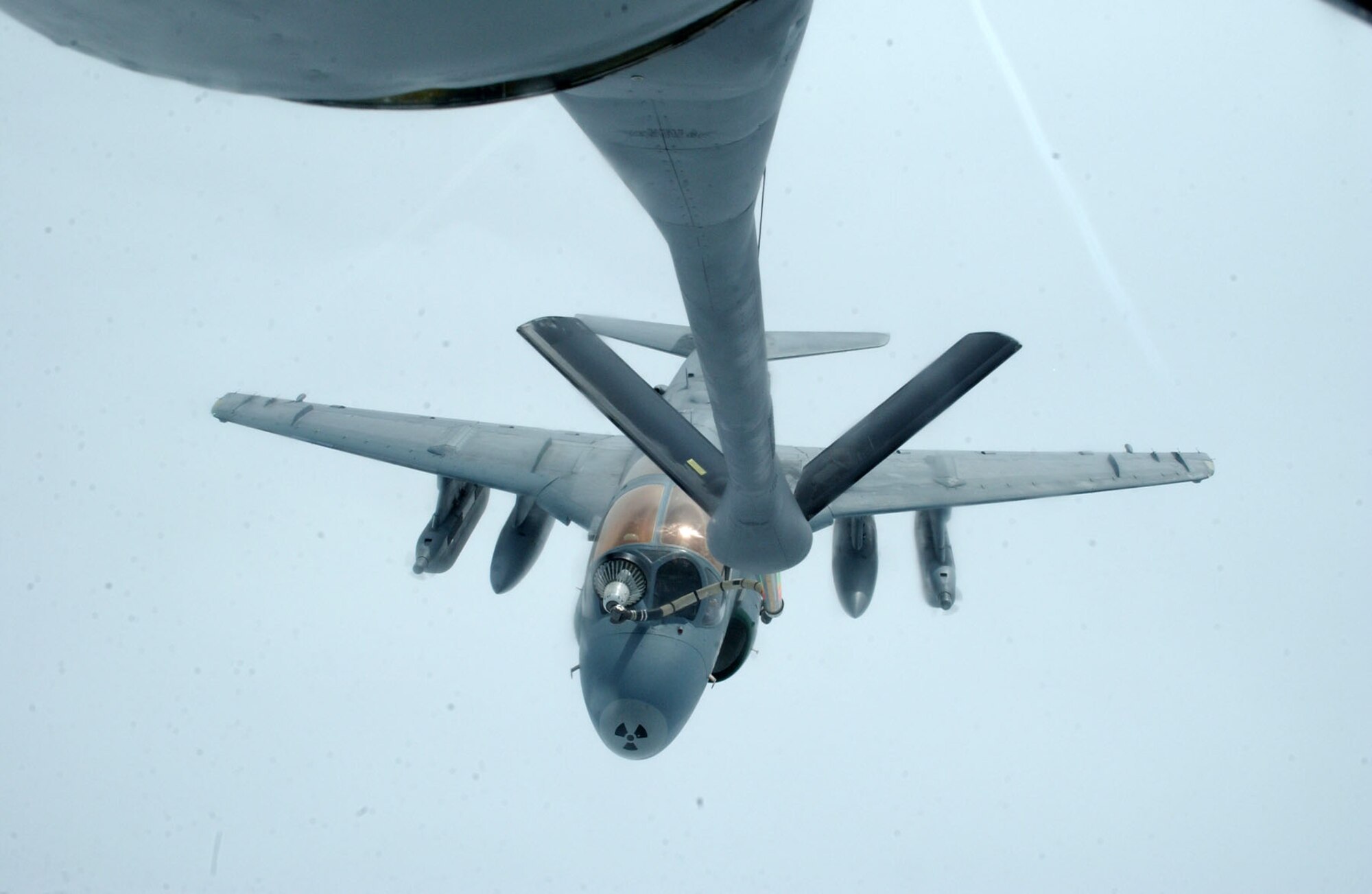 EIELSON AIR FORCE BASE, Alaska -- A Navy EA-6B Prowler of the Electronic Attack Squadron 209, Washington D.C. refuels from a KC-135 over the Pacific Alaskan Range Complex during Red Flag Alaska based at Eielson AFB, Alaska July 17, 2007. This exercise provides training for units preparing for air expeditionary force taskings. International partners include Japan, Mongolia, Spain, Thailand, Turkey and NATO.   (U.S. Air Force photo by Capt. Tana R.H. Stevenson)                 