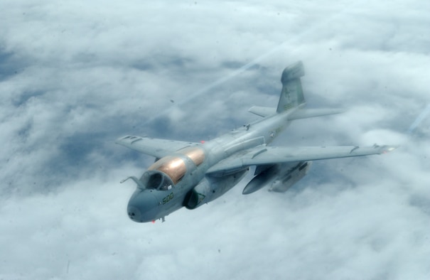 EIELSON AIR FORCE BASE, Alaska -- A Navy EA-6B Prowler of the Electronic Attack Squadron 209, Washington D.C., flies over the Pacific Alaskan Range Complex during Red Flag Alaska July 17. This exercise provides training for units preparing for air expeditionary force taskings. International partners include Japan, Mongolia, Spain,Thailand, Turkey and NATO. (U.S. Air Force photo by Capt. Tana R.H. Stevenson) 