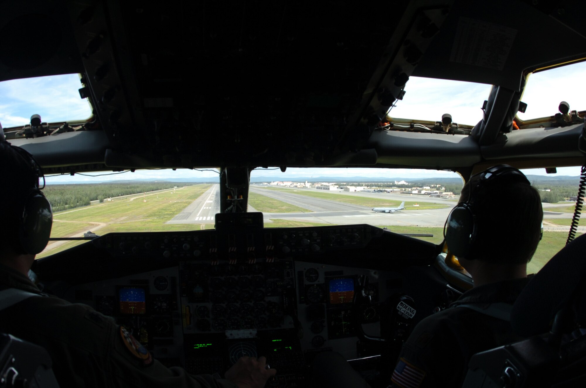EIELSON AIR FORCE BASE, Alaska -- Lt. Col. Meacham (L) and Maj. Urban (R), 63 Air Refueling Squadron, Selfridge ANG Base, MI., prepare to land after a refueling mission. Colonel Meacham and Maj. Urban refueled seven F-15's from Elmendorf AFB, AK. participating in Red Flag-Alaska 07-3. (U.S. Air Force photo by MSgt Brandt Smith) 