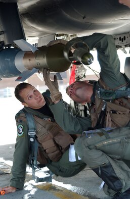 EIELSON AIR FORCE BASE, Alaska -- Strike Eagle weapon sysytems officer Capt. Chris Beery watches his pilot, Capt. Kevin Pritz, during a pre-flight check of the F-15E Strike Eagle before a coalition mission here for Red Flag Alaska July 17. The jet and crew are deployed from the 335th Fighter Squadron from Seymour Johnson Air Force Base, N.C. (U.S. Air Force photo by Capt. Tana R.H. Stevenson)
