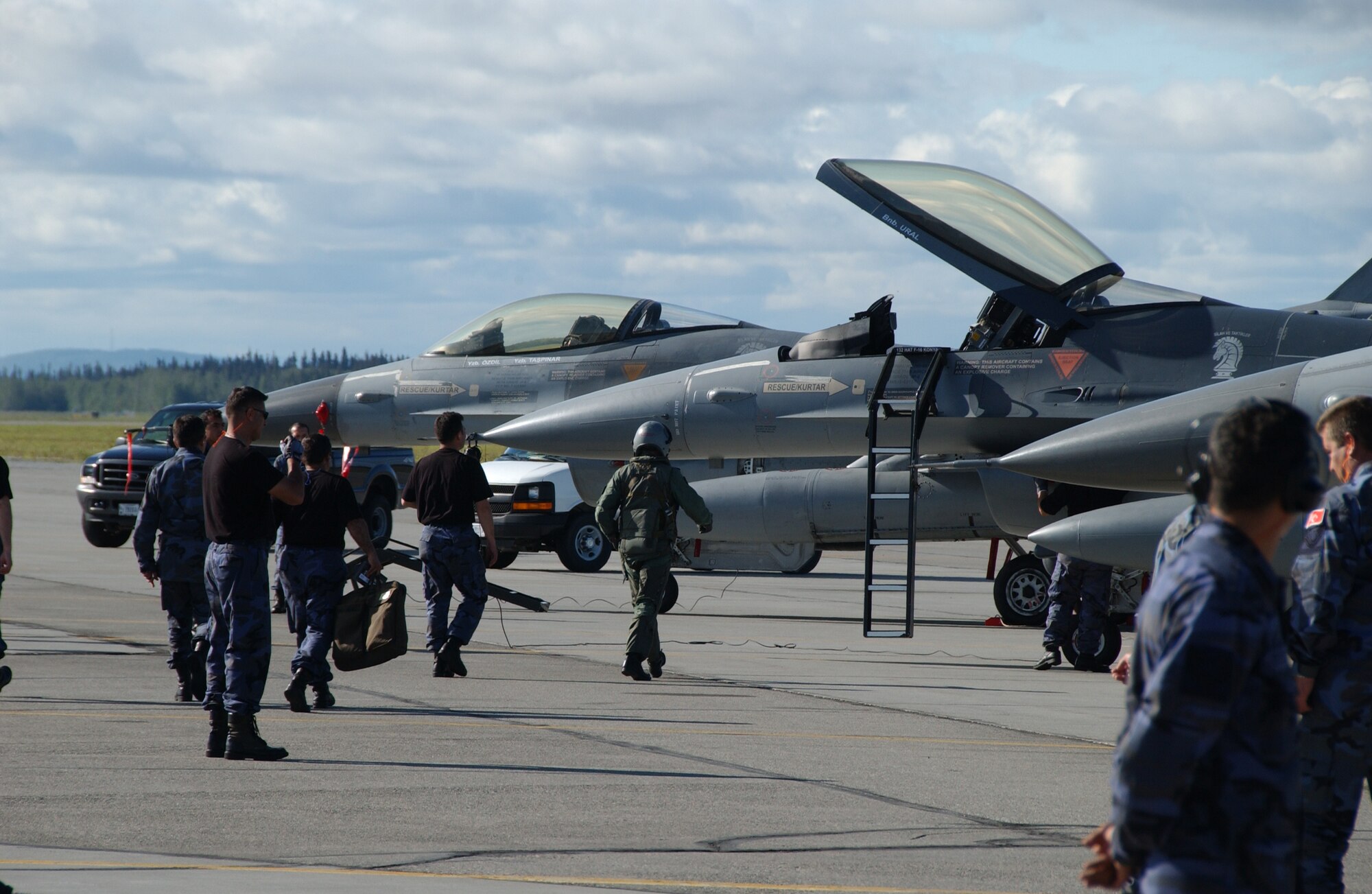 EIELSON AIR FORCE BASE, Alaska -- The Turkish Air Force prepare to kick off for the first day of Red Flag-Alaska July 16, 2007. This exercise provides unique opportunities to help integrate various forces into joint, coalition, and bilateral training from simulated forward operating bases. (U.S. Air Force photo by Airman 1st Class Christopher Griffin) 
