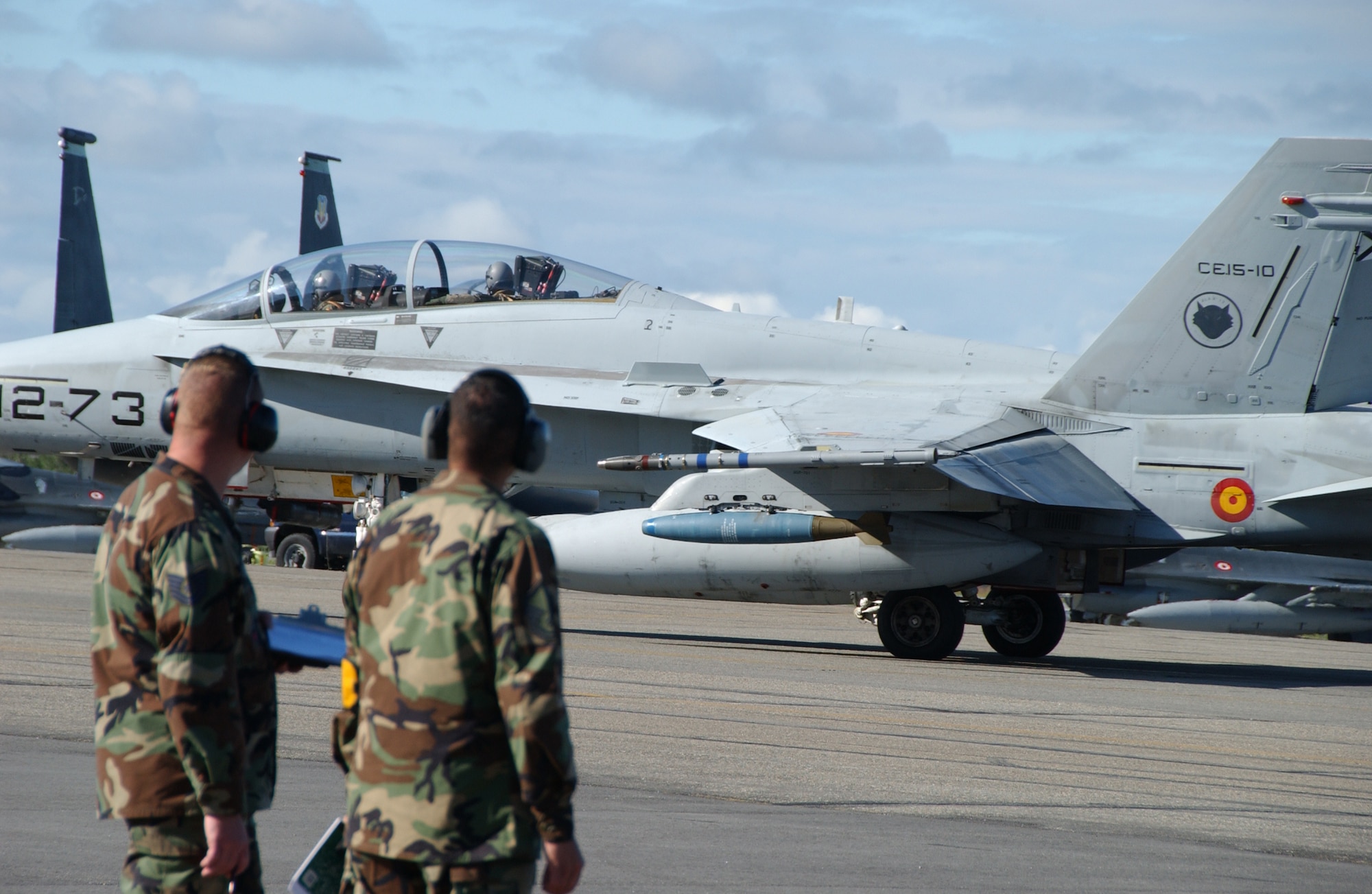 EIELSON AIR FORCE BASE, Alaska -- A Spanish Air Force F-18, taxis down the runway preparing to take off for Red Flag-Alaska's first training exercise July 16, 2007. Red Flag-Alaska, a series of Pacific Air Forces commander-directed field training exercises for U.S. forces, provides joint offensive counter-air, interdiction, close air support, and large force employment training in a simulated combat environment. (U.S. Air Force photo by Airman 1st Class Christopher Griffin) 