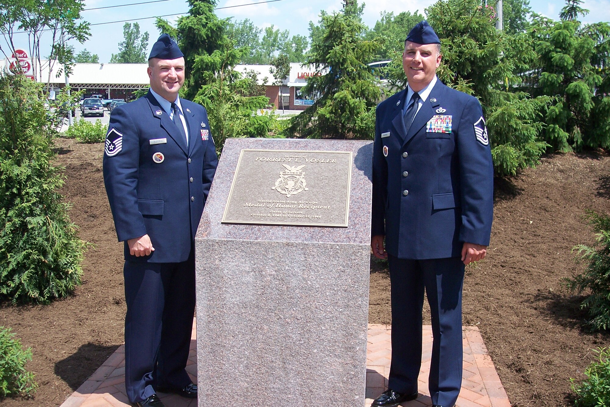 Master Sgts. Richard Ruotolo (left) and Chris Vossmer, instructors at the Vosler NCO Academy here, helped dedicate the Forrest L. Vosler Veterans Memorial Park, June 16 in Livonia, N.Y. (U.S. Air Force photo)