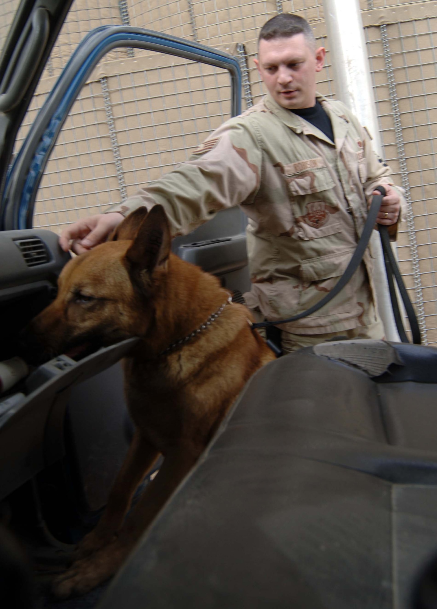 SATHER AIR BASE, Iraq – Staff Sgt. Jeremy Robison and his military working dog Zorro, both 447th Expeditionary Security Forces Squadron, inspect a vehicle for explosives and contraband at the search pit here. The pit processes more than 600 vehicles and 2,000 people a week. (U.S. Air Force photo/Tech. Sgt. Russell Wicke).