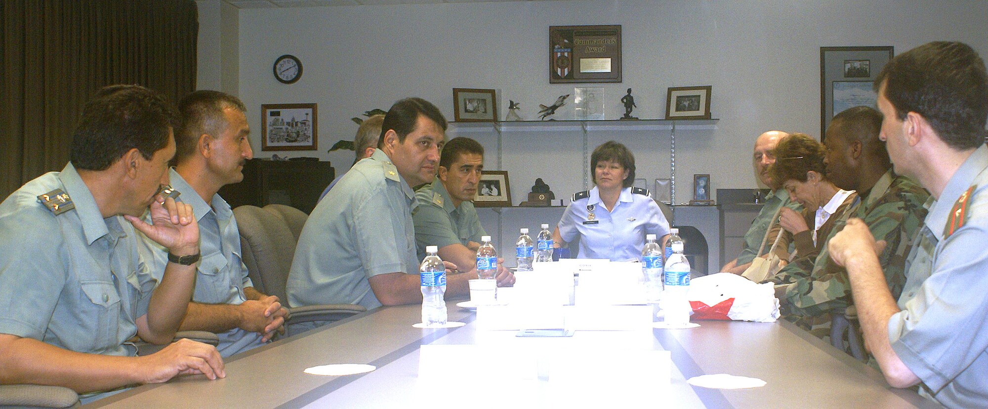 Brig. Gen. Suzanne Vautrinot, Air Force Recruiting Service commander, welcomes a seven person military delegation from Tajikistan to Recruiting Service headquarters.  The Tajiks are hoping to adopt many U.S. military recruiting techiques to assist them back home.  (Air Force photo/Chet DelSignore)